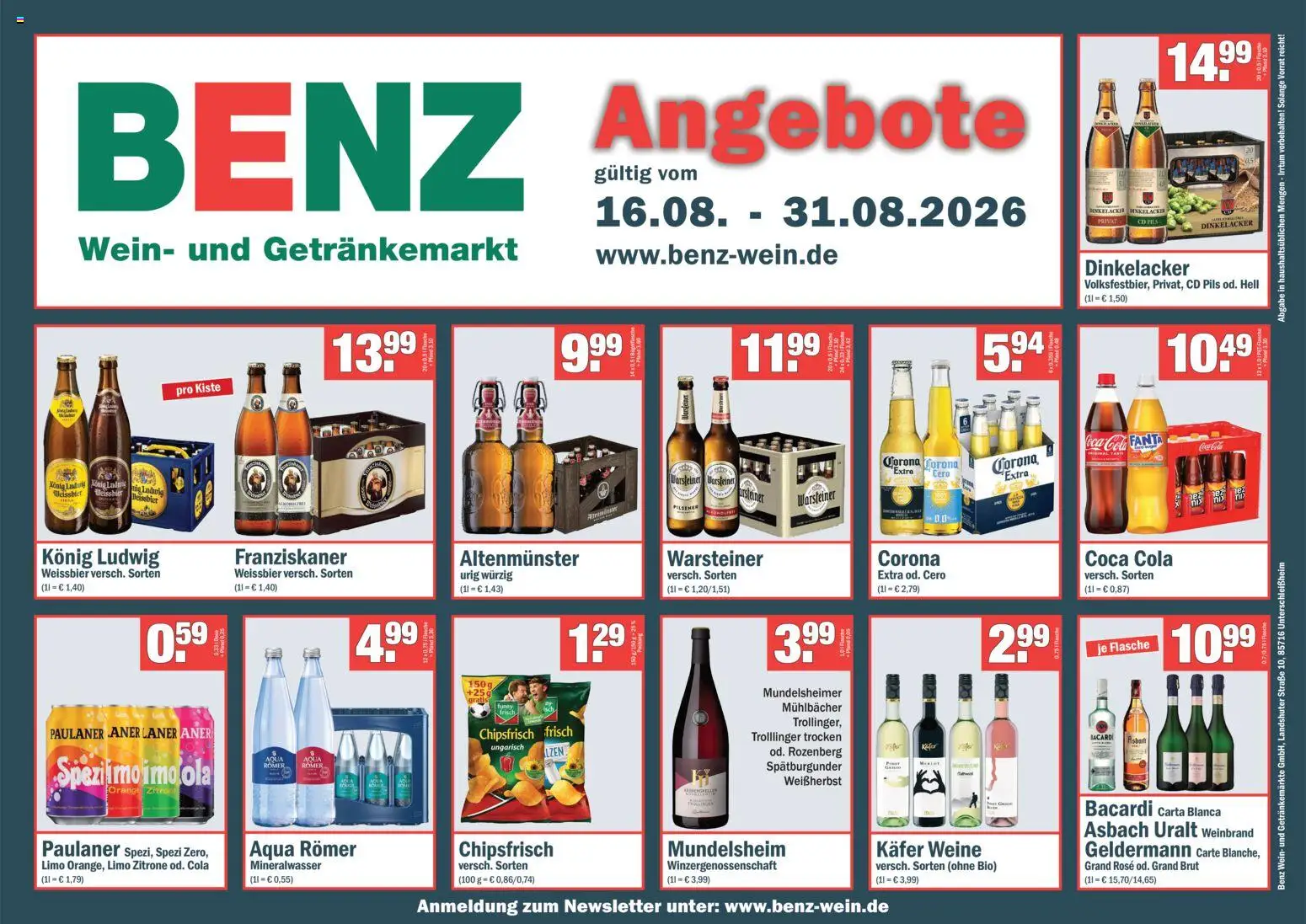 Benz Getränke Prospekt – gültig ab 16.08.2026 | Seite: 1 | Produkte: Franziskaner, Weißbier, Zitrone, Paulaner