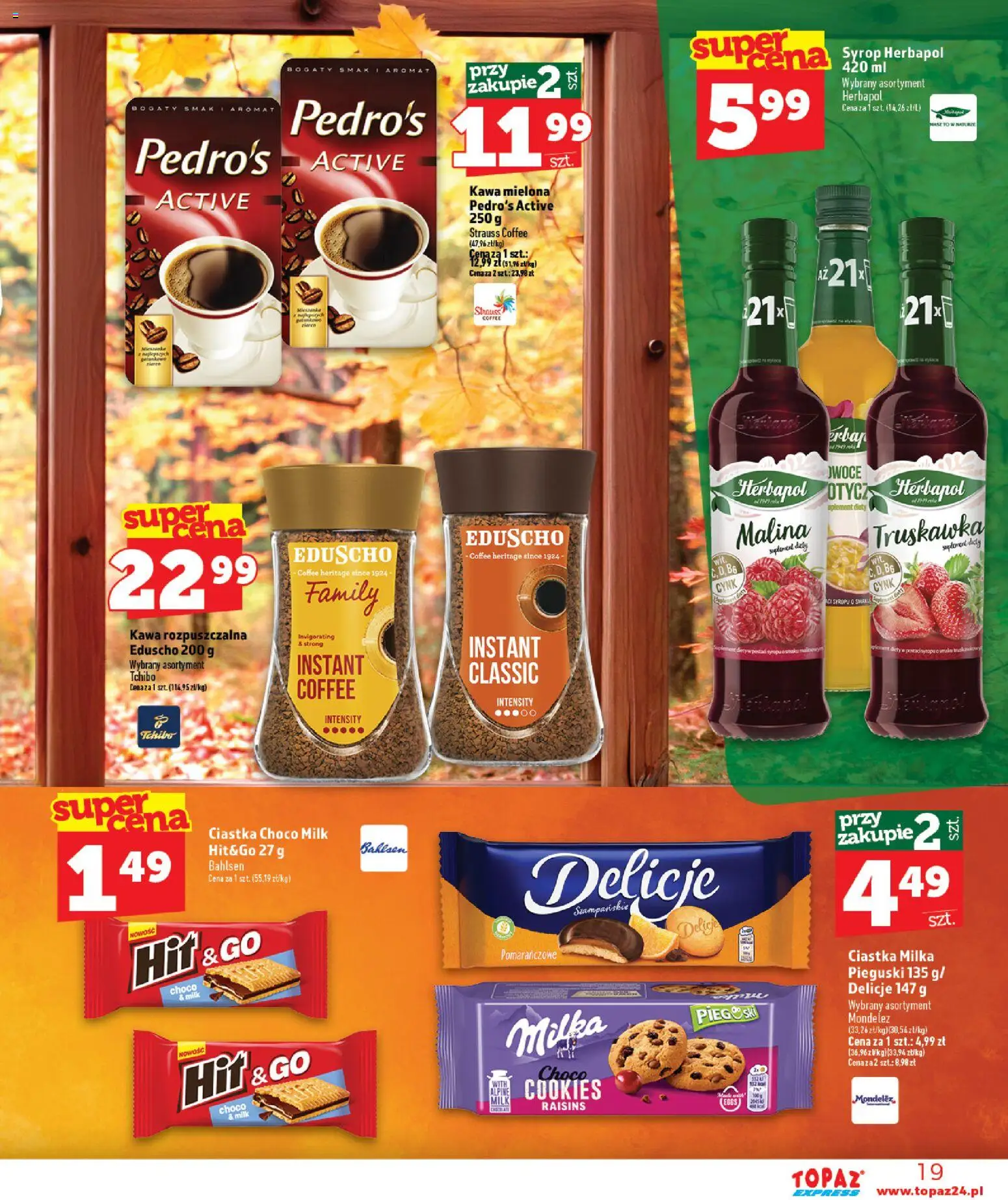 Topaz gazetka - Express od 29.10.2026 | Strona: 19 | Produkty: Syrop, Milka, Kawa, Pieguski