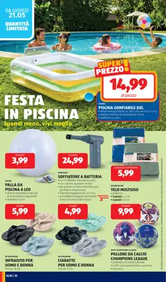 Anteprima del volantino PISCINA GONFIABILE XXL, dimensioni (gonfiata): ca. 202 x 151 x 46 cm (L xlxh) • altezza massima di riempimento: 29 cm • capienza: ca. 450 l valido a partire dal 18.05.2026 | Pagina: 24 | Prodotti: Ciabatte, Piscina, Pallone, Cavo