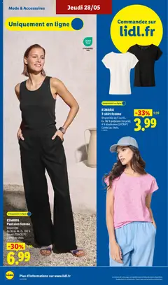 LIDL - Prévisualisation de ESMARA T-shirt femme, Disponible du S au XL.. Ex. 96% polyester (recyclé), 4% élasthanne (LYCRA®) L'unité au choix. valide à partir de 28.05.2026 | Page: 48 | Produits: T-shirt, Pantalon