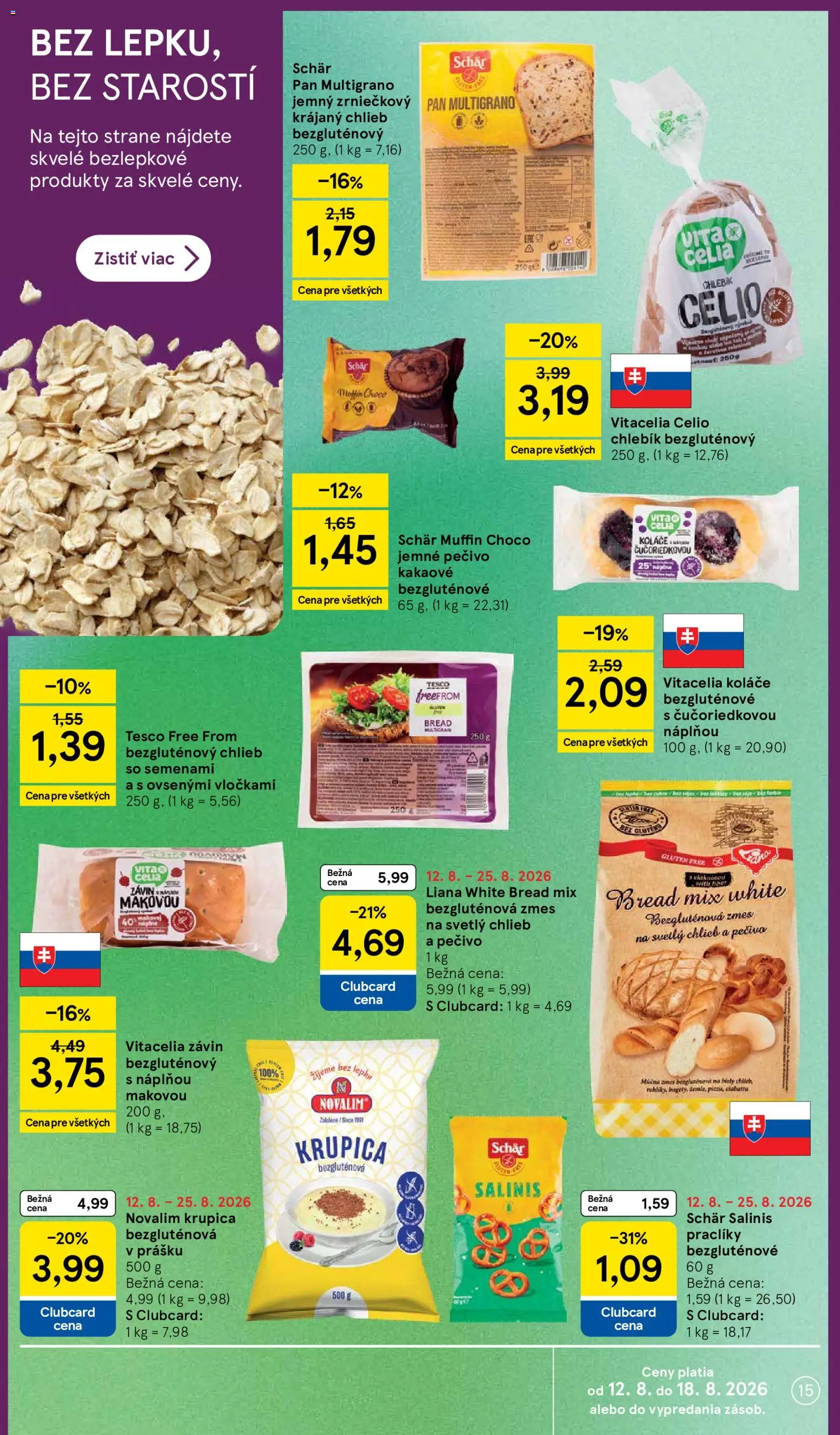 Nové Tesco akcie – leták je platný od 12.08.2026 | Strana: 15 | Produkty: Chlieb, Závin, Pečivo, Krupica