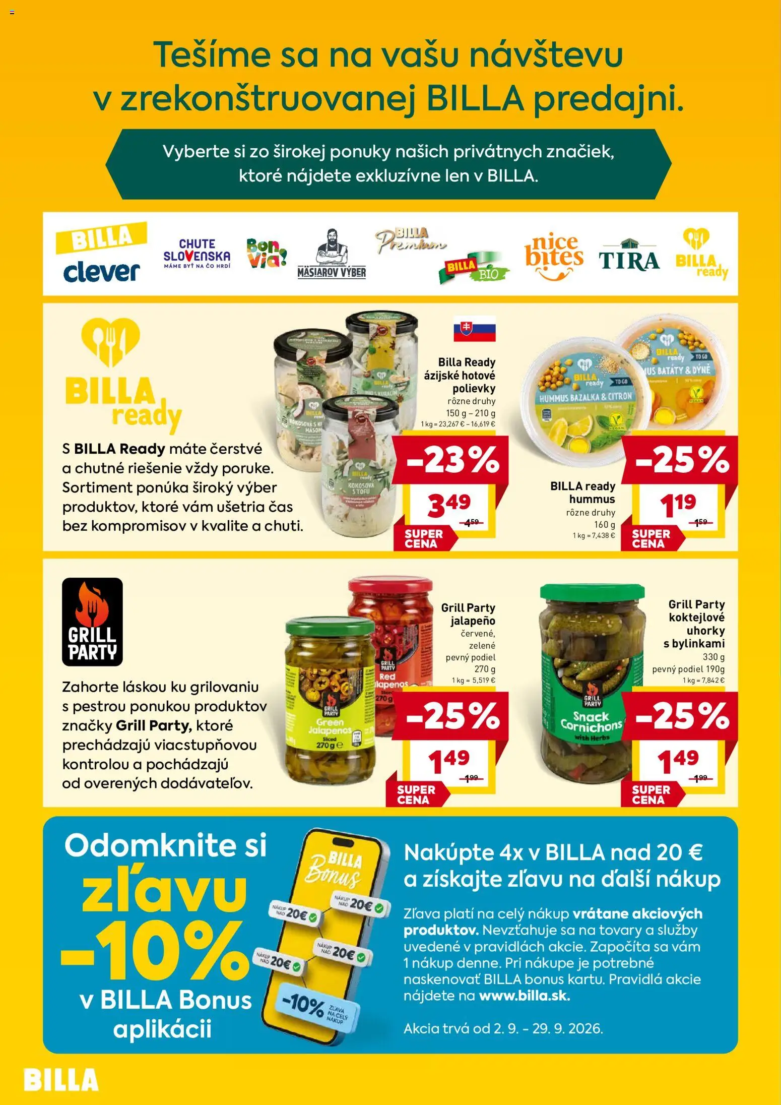 Nové Billa akcie – leták je platný od 09.09.2026 | Strana: 2 | Produkty: Hummus, Tofu, Polievky, Batáty