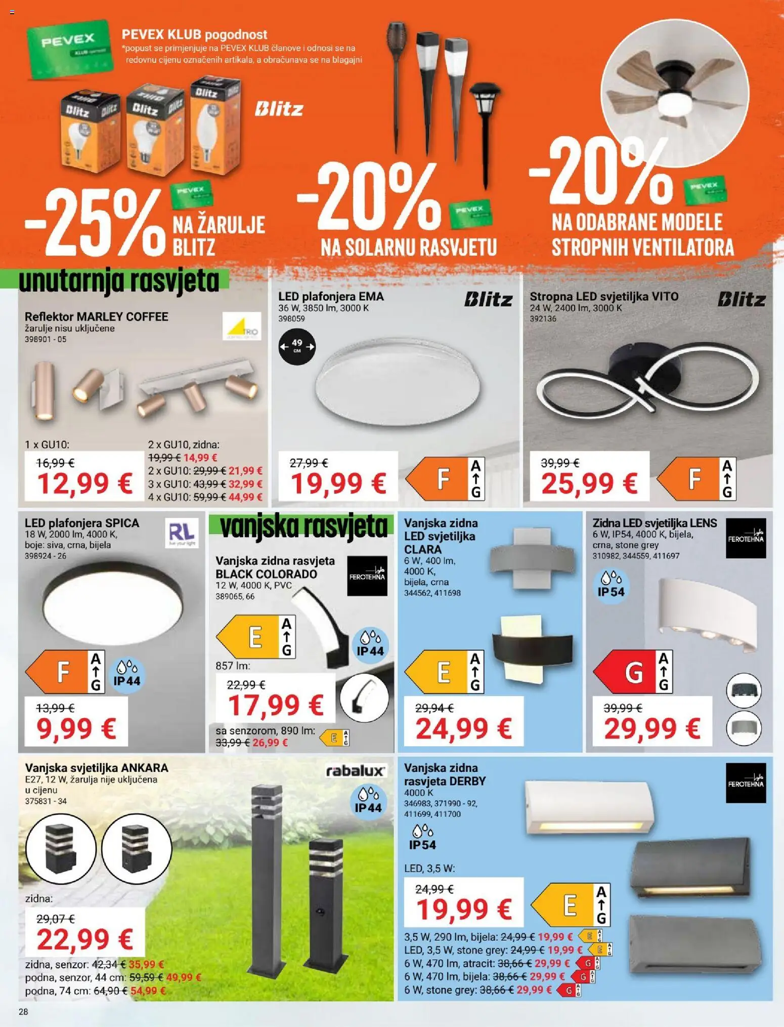 Pevex katalog | vrijedi od 23.07.2026 | Stranica: 28 | Proizvodi: Svjetiljka, Plafonjera, Žarulje, Reflektor
