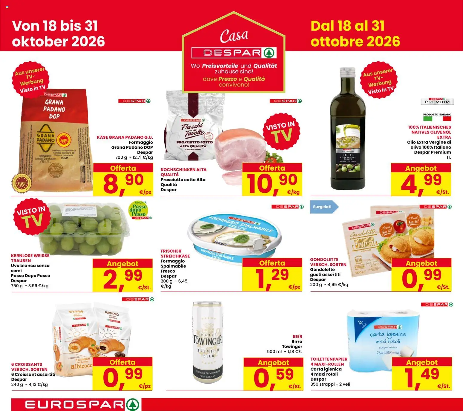 Volantino Eurospar del 15/10/2026 | Pagina: 4 | Prodotti: Mozzarella, Uva, Formaggio spalmabile, Croissant