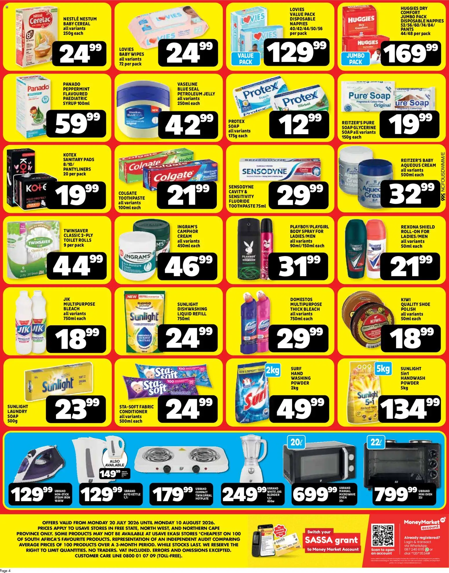 New Usave catalogue – valid from 20/07/2026 | Page: 4 | Products: Oven, Bleach, Soap, Nappies