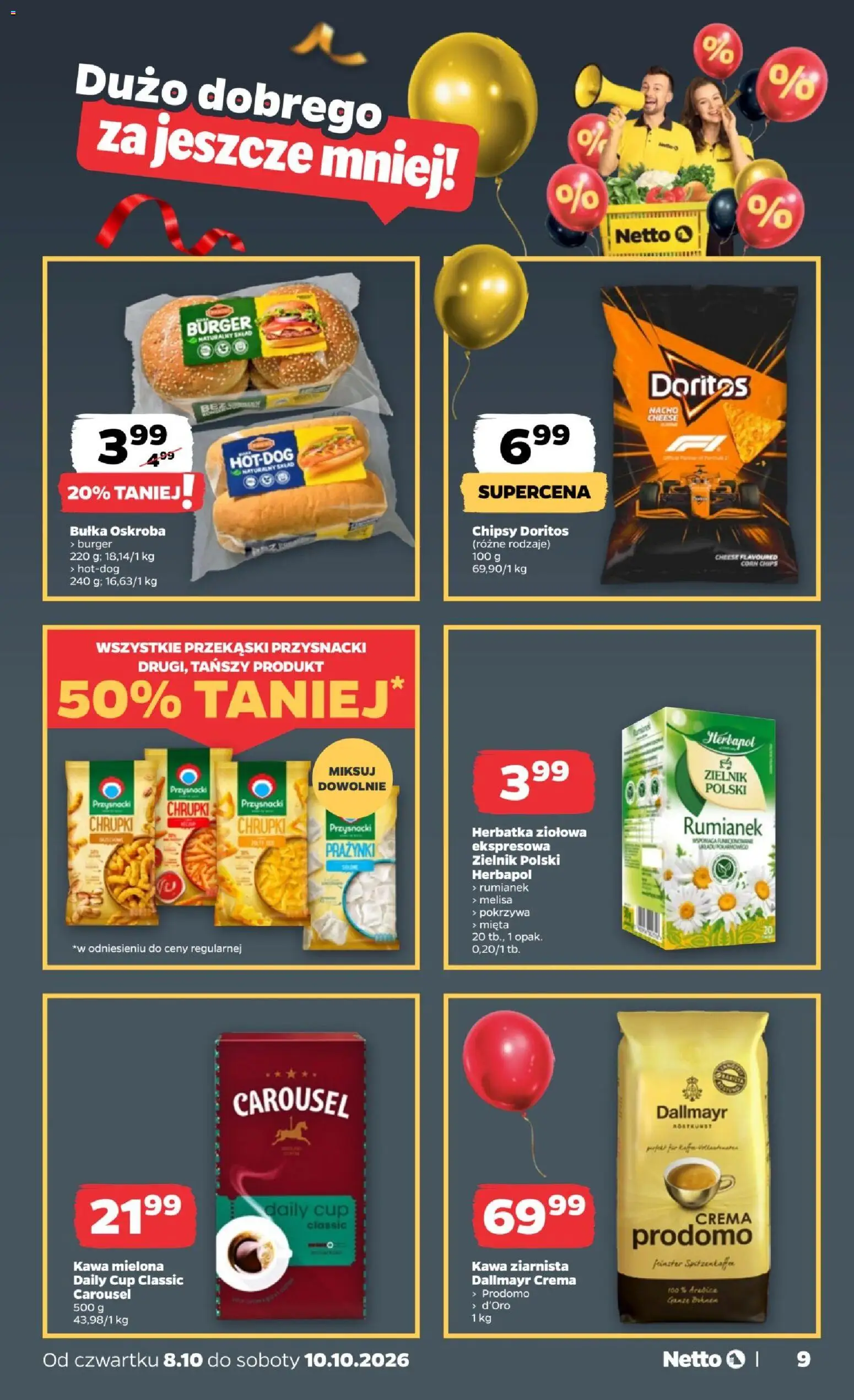 Netto gazetka od czwartku od 08.10.2026 | Strona: 9 | Produkty: Przekąski, Chrupki, Bułka, Burger