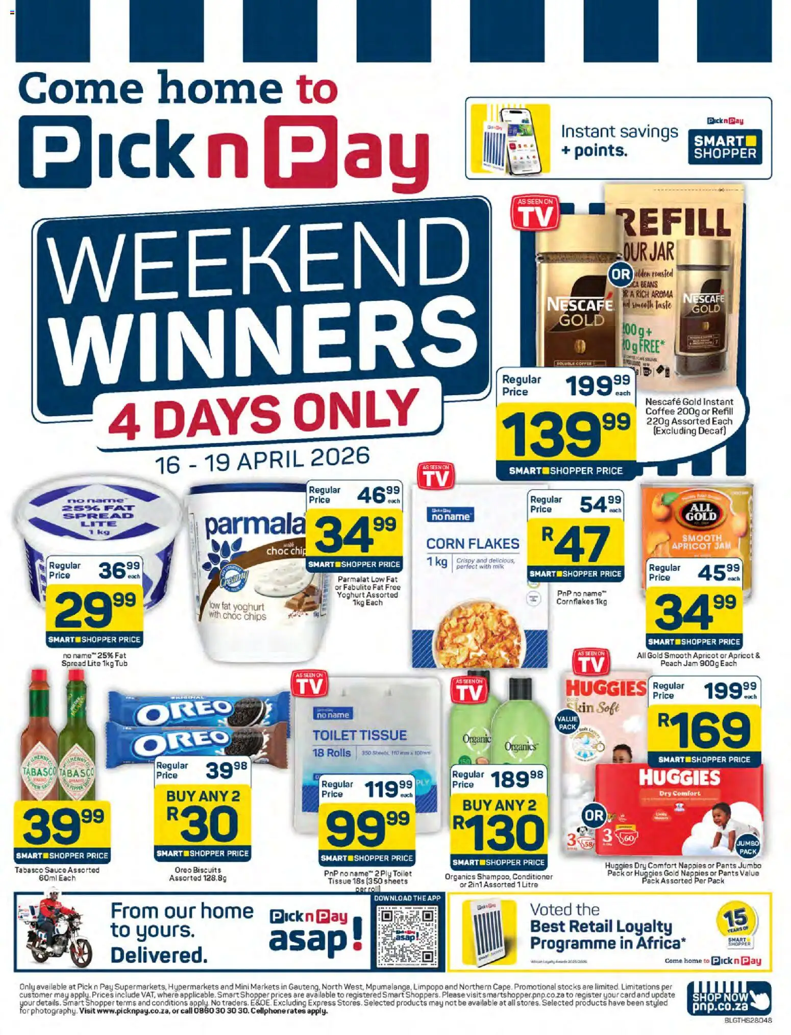 New Pick n Pay catalogue – valid from 16.04.2026 | Page: 1 | Products: Corn, Biscuits, Peach, Estuche organizador de viaje
