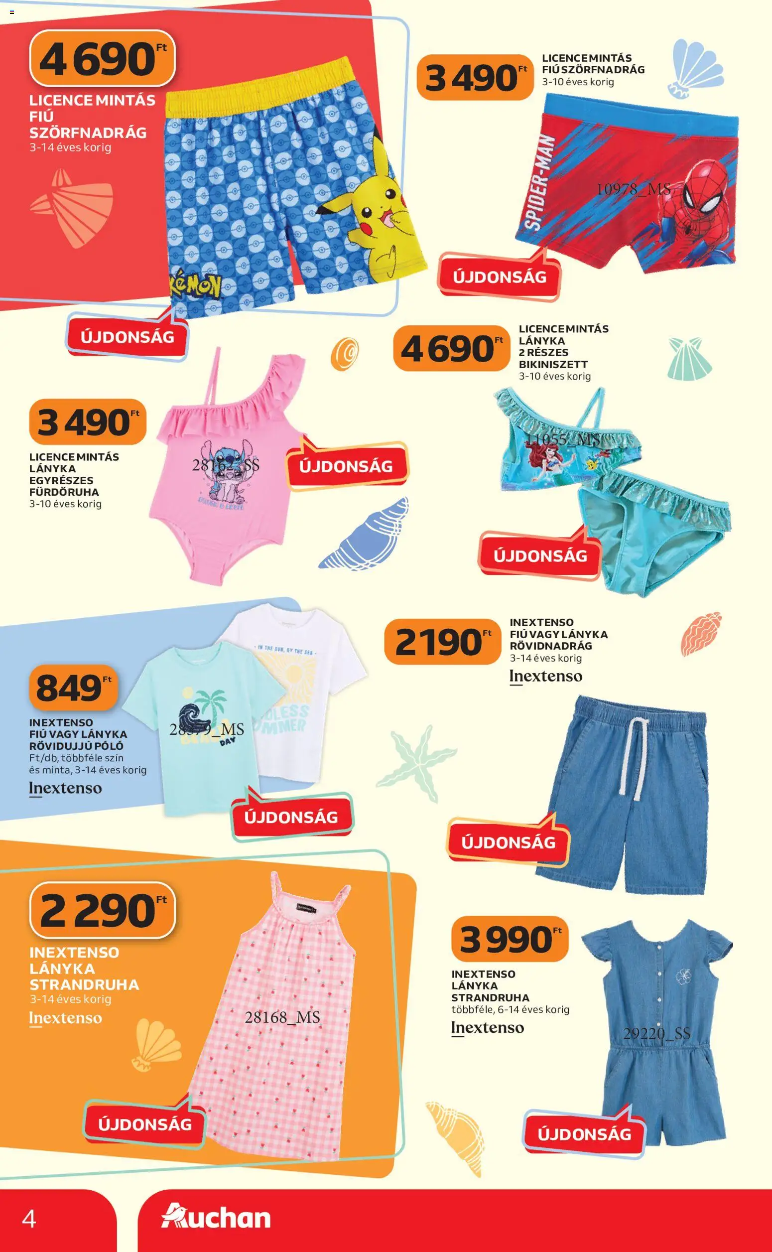 Auchan akciós ujság - amely érvényes a következő dátumtól: 14.05.2026 | Oldal: 4 | Termékek: Szörfnadrág, Rövidnadrág, Fürdőruha