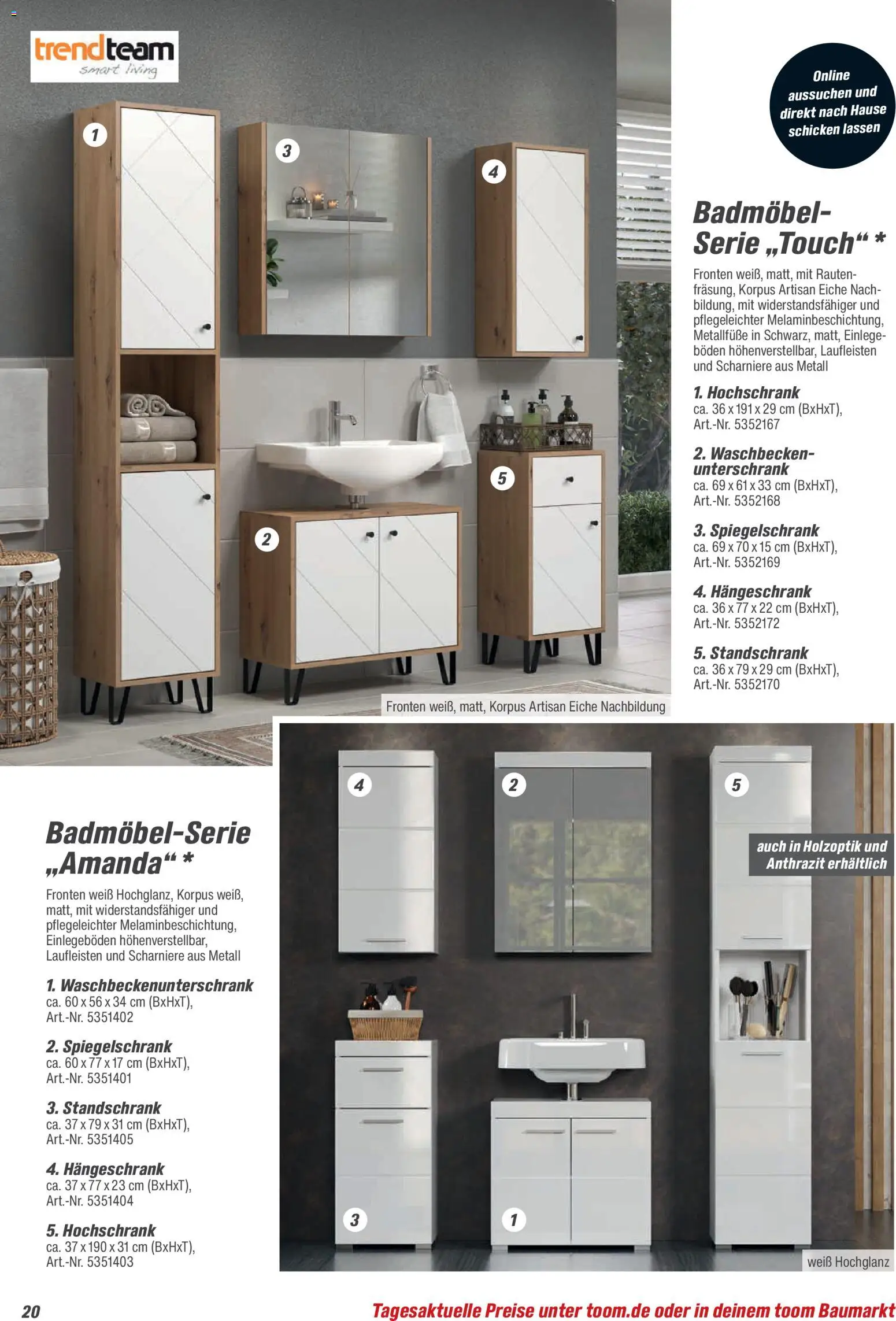 Toom Baumarkt Bad, Sanitär & Zubehör 2026 – gültig ab 01.01.2026 | Seite: 20 | Produkte: Spiegelschrank, Hängeschrank, Unterschrank, Hochschrank