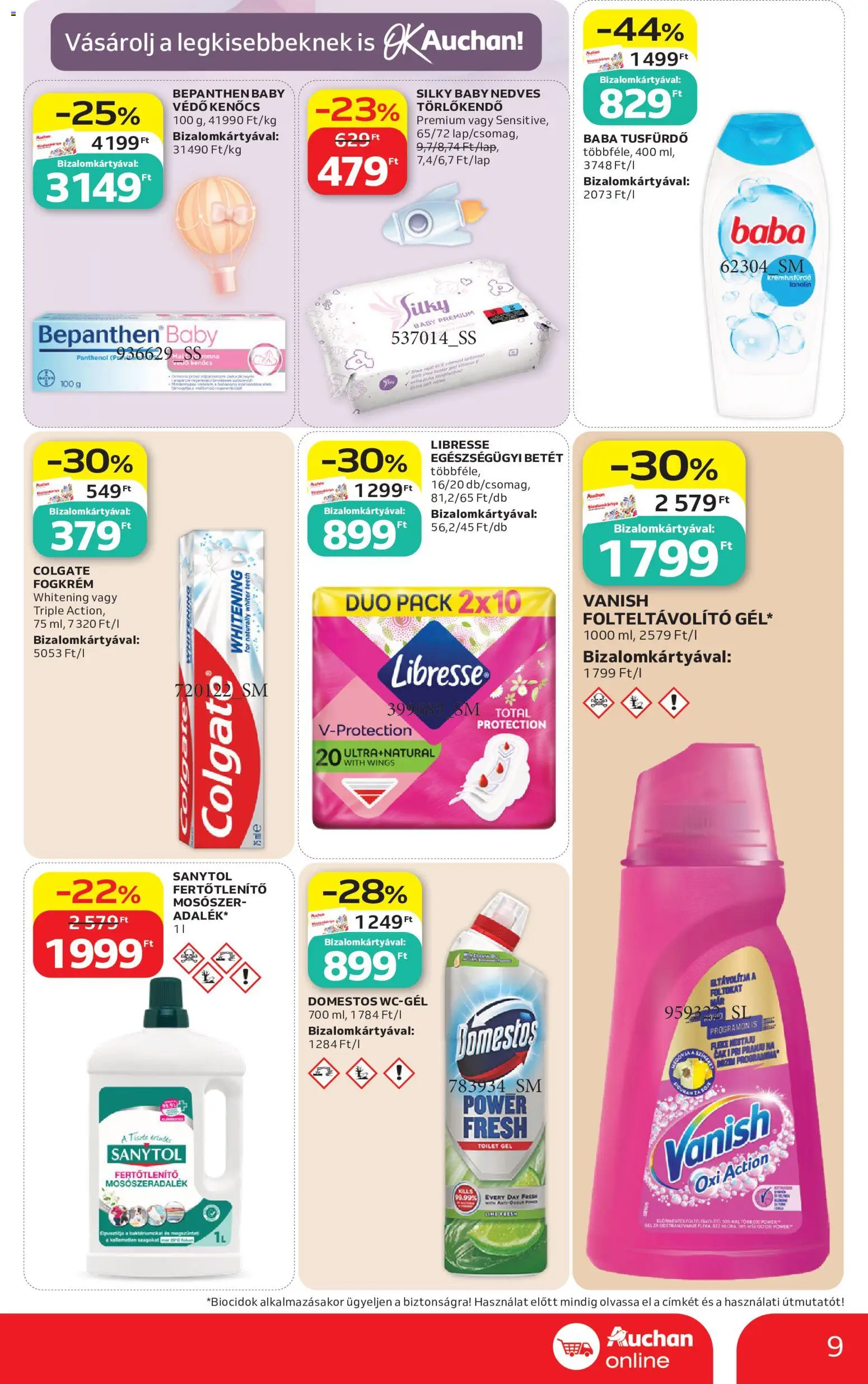 Auchan akciós ujság - amely érvényes a következő dátumtól: 2026.07.30. | Oldal: 9 | Termékek: Folteltávolító, Nedves törlőkendő, Tusfürdő, Mosószer