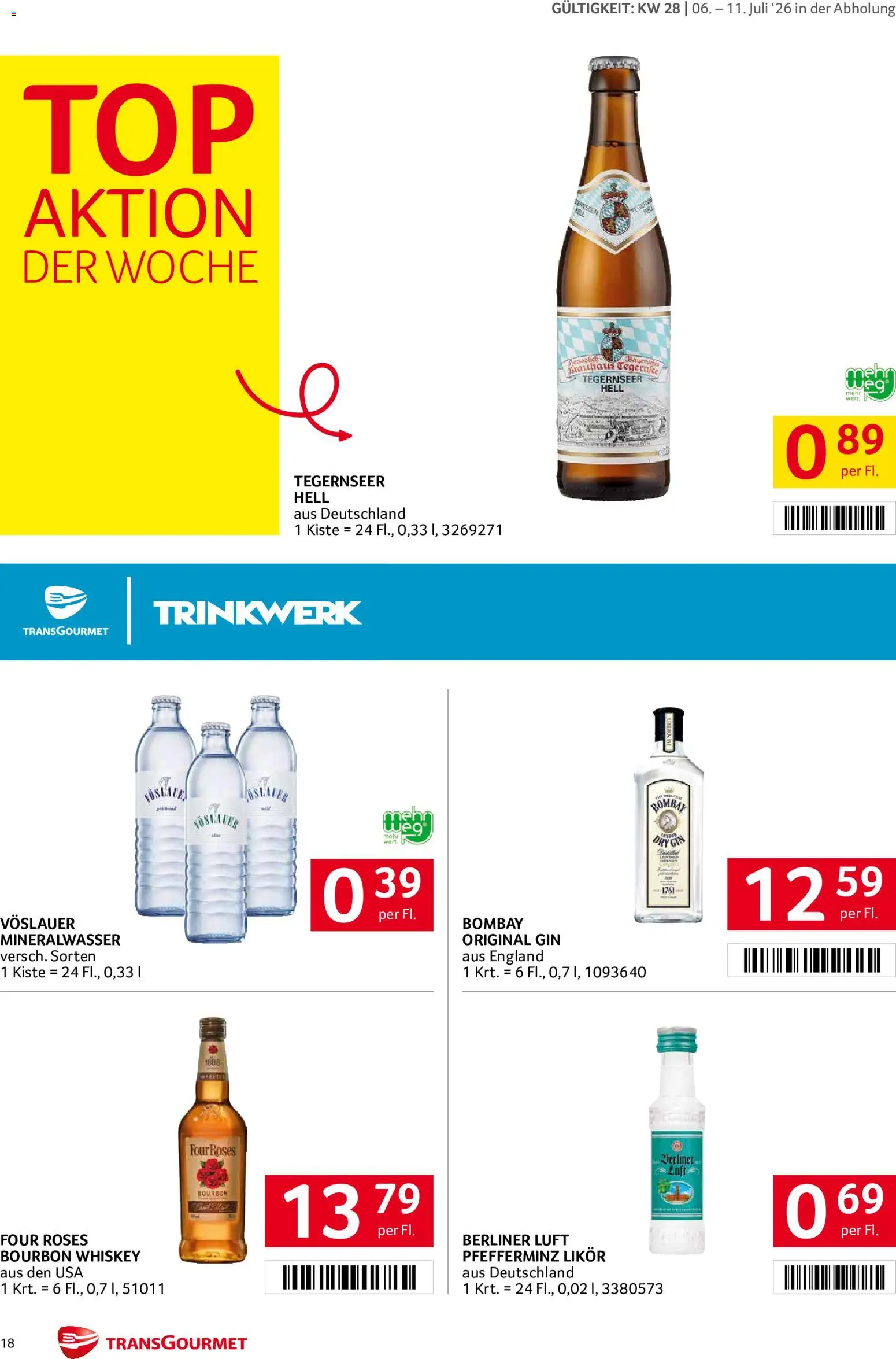 Transgourmet Flugblatt gültig ab 06.07.2026 | Seite: 18 | Produkte: Gin, Whiskey, Bourbon