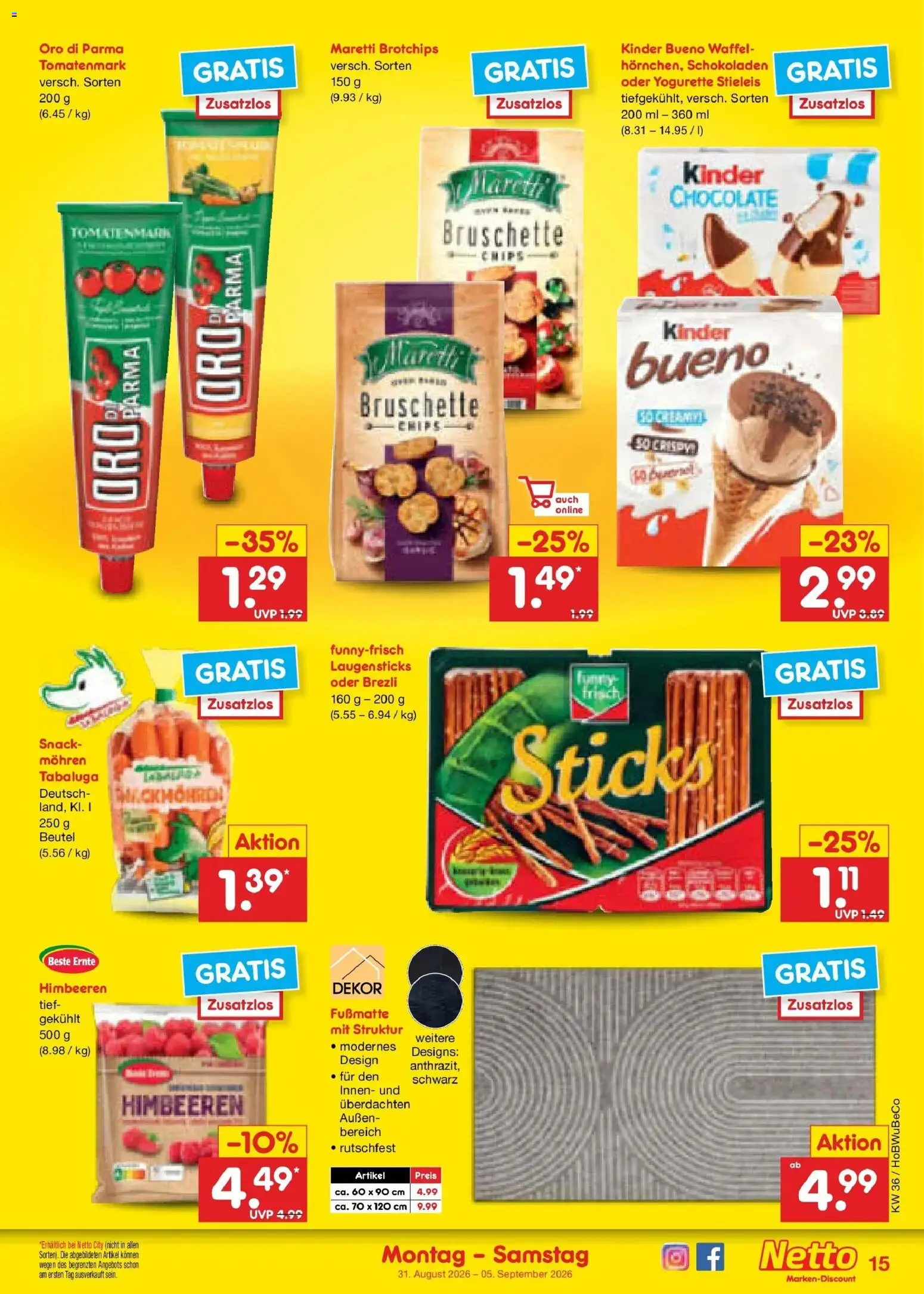 Netto Marken-Discount Prospekt Kremmen (ab 31.08.2026) » Angebote | Seite: 19 | Produkte: Himbeeren, Yogurette, Kinder bueno, Oro di parma
