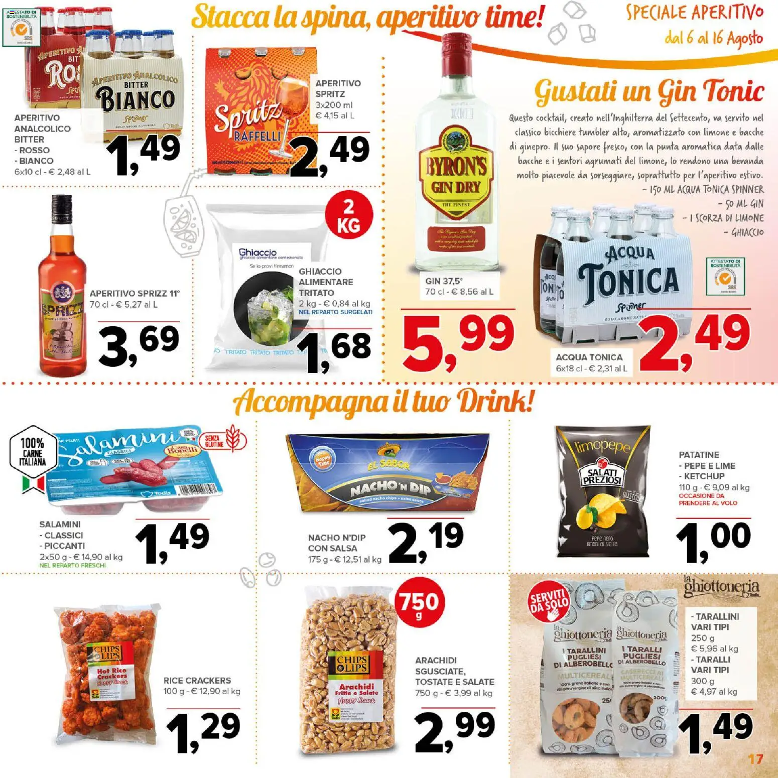 Volantino Todis del 06/08/2026 | Pagina: 17 | Prodotti: Gin, Patatine, Acqua tonica, Pepe