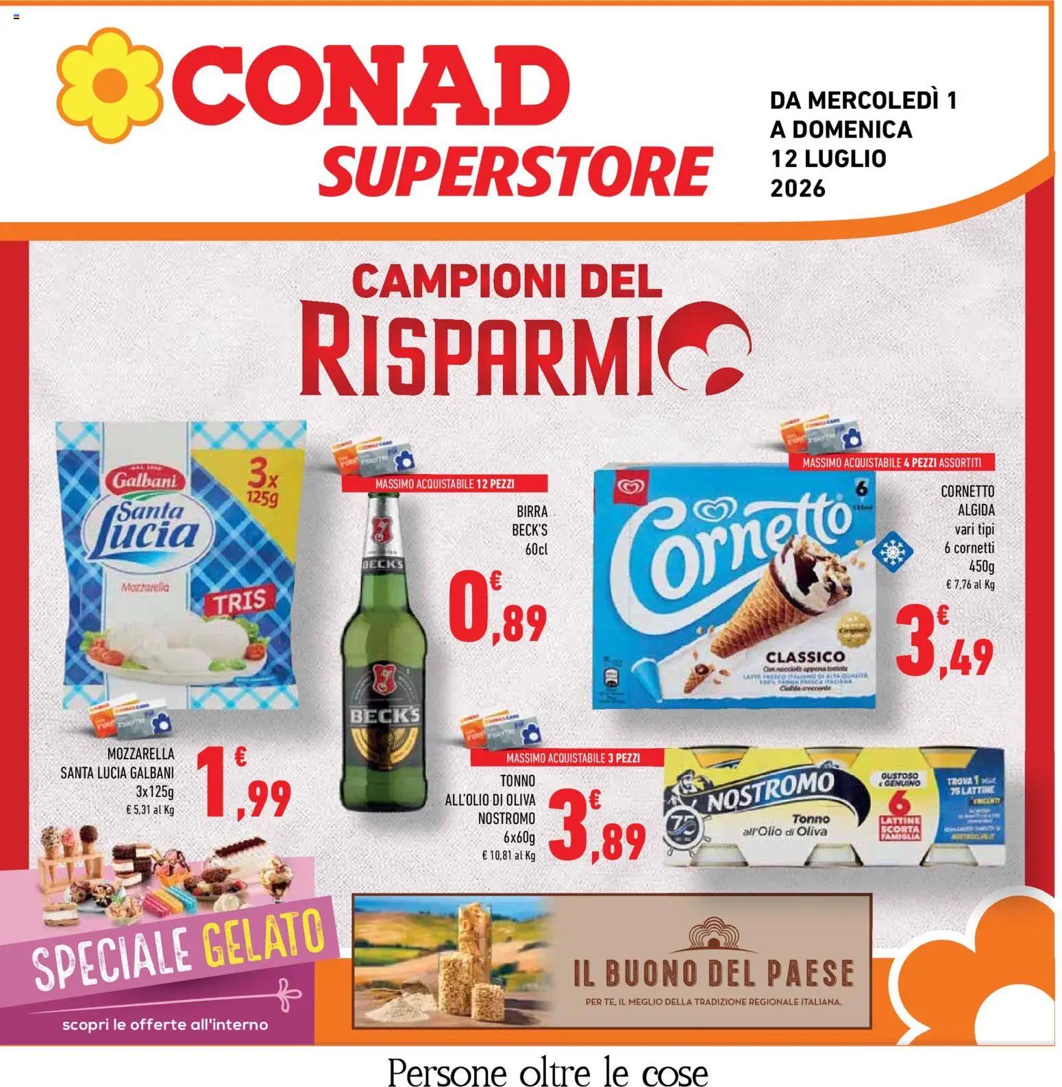 Volantino Conad del 01/07/2026 | Pagina: 1 | Prodotti: Birra, Cornetto, Gelato, Mozzarella