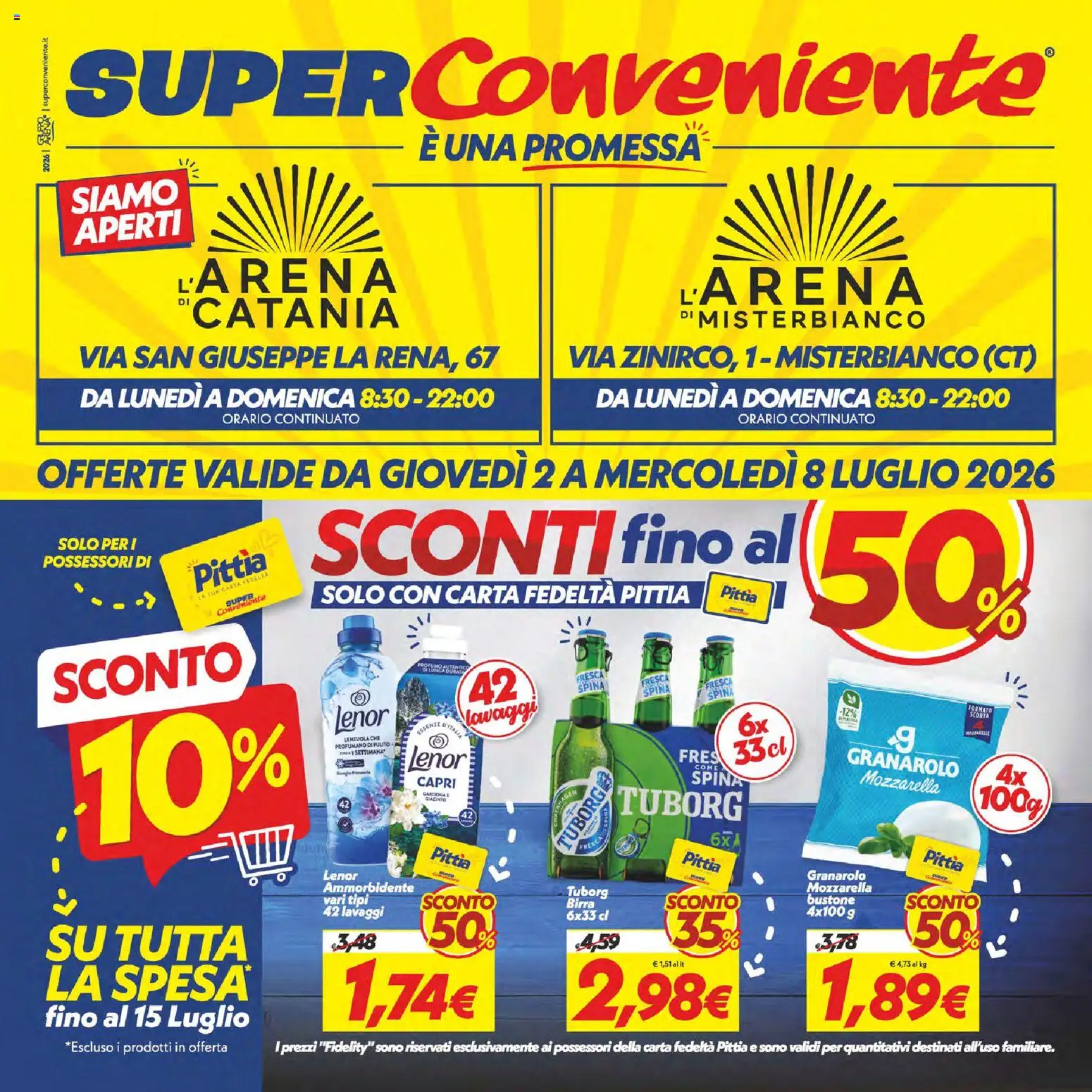 Volantino SuperConveniente del 02/07/2026 | Pagina: 1 | Prodotti: Birra, Ammorbidente, Mozzarella, Lenzuola