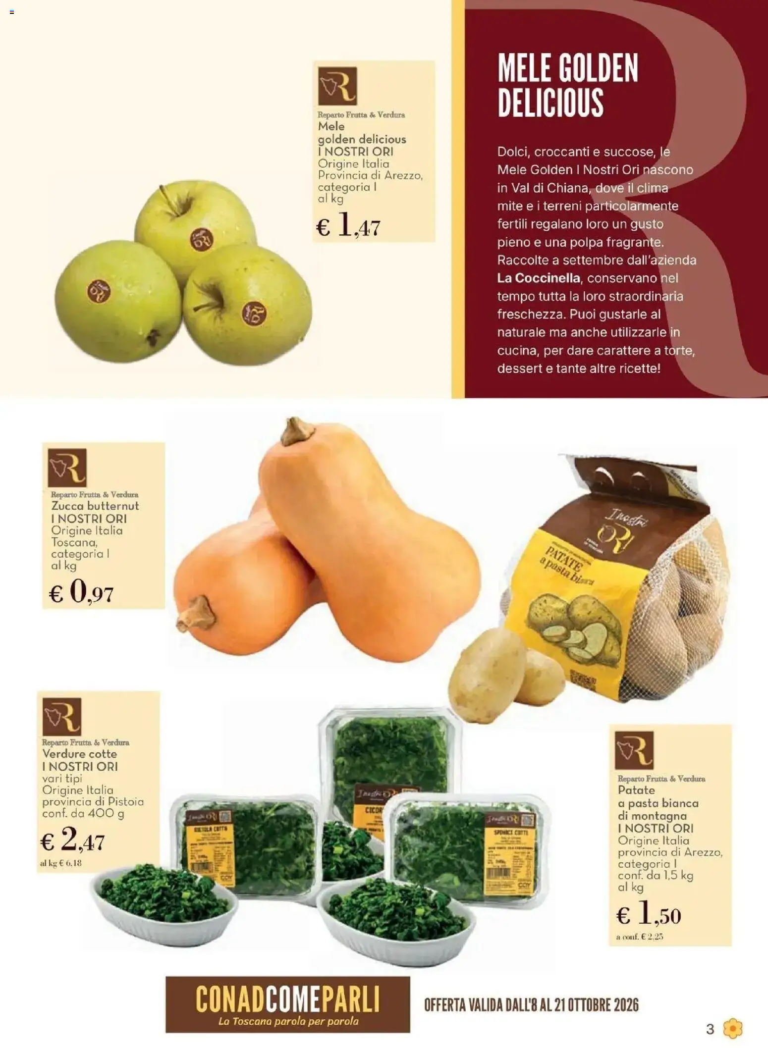 Volantino Conad del 08/10/2026 | Pagina: 3 | Prodotti: Patate, Verdure, Frutta, Zucca butternut