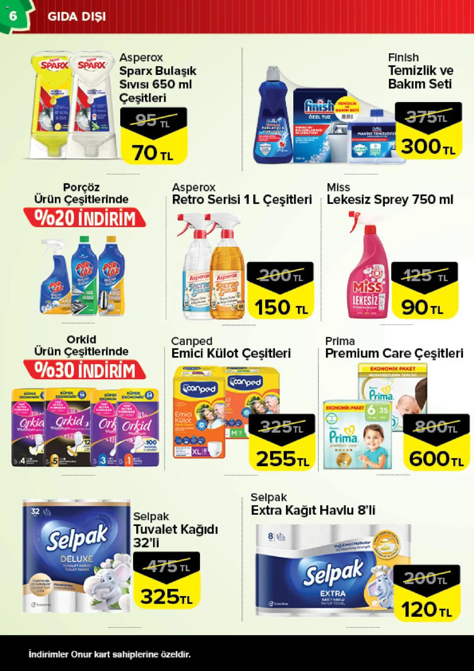 Onur Market Katalog Bursa - 29 Eylül 2026 tarihinden itibaren geçerlidir | Sayfa: 6 | Ürünler: Tuvalet, Külot, Kağıt havlu, Tuvalet kağıdı