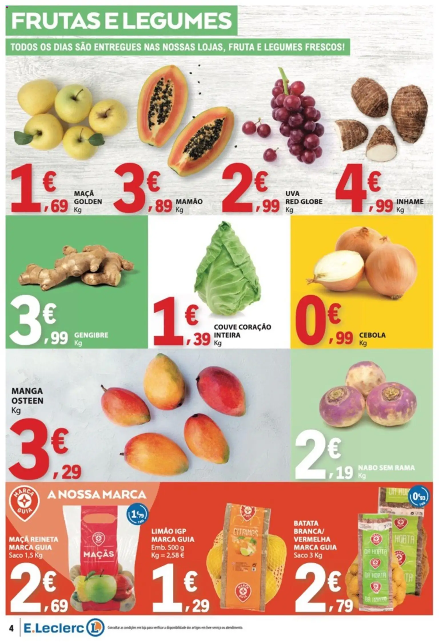 E.Leclerc folheto │ válido de 01/10/2026 | Página: 4 | Produtos: Manga, Gengibre, Cebola, Mamão