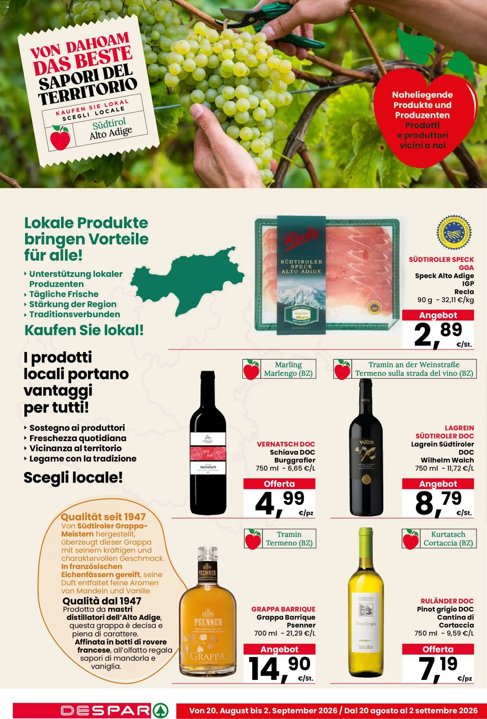 Volantino Despar del 20/08/2026 | Pagina: 8 | Prodotti: Speck, Mandorla, Vino, Grappa