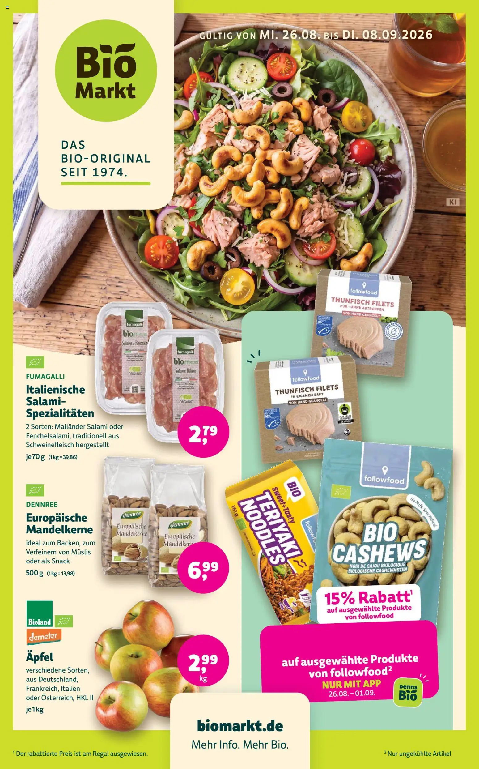 BioMarkt Prospekt – gültig ab 26.08.2026 | Seite: 1 | Produkte: Regal, Äpfel, Salami, Saft