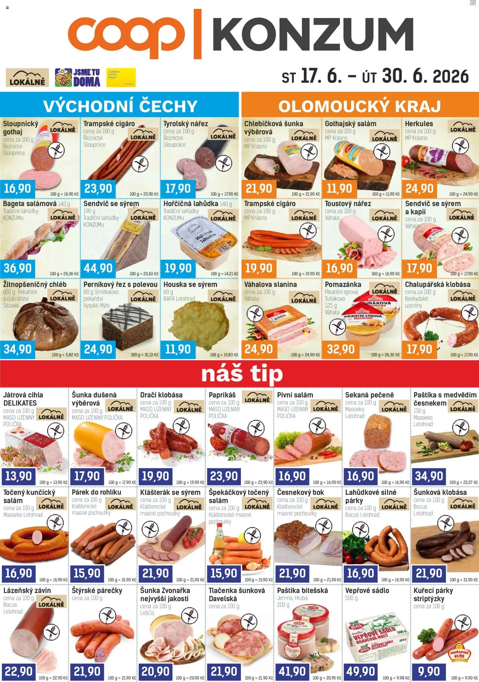 Konzum leták od 17.06.2026 | Strana: 1 | Produkty: Polička, Šunka, Pomazánka, Slanina