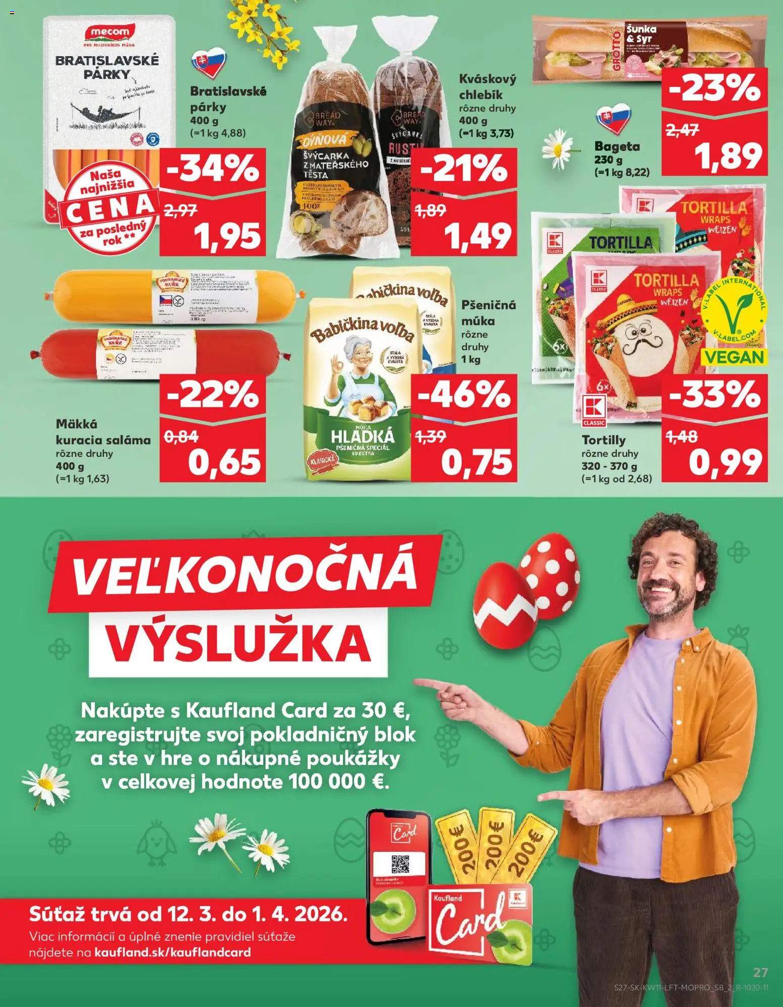 Nové Kaufland akcie – leták je platný od 12.03.2026 | Strana: 27 | Produkty: Syr, Šunka, Pšeničná múka, Párky
