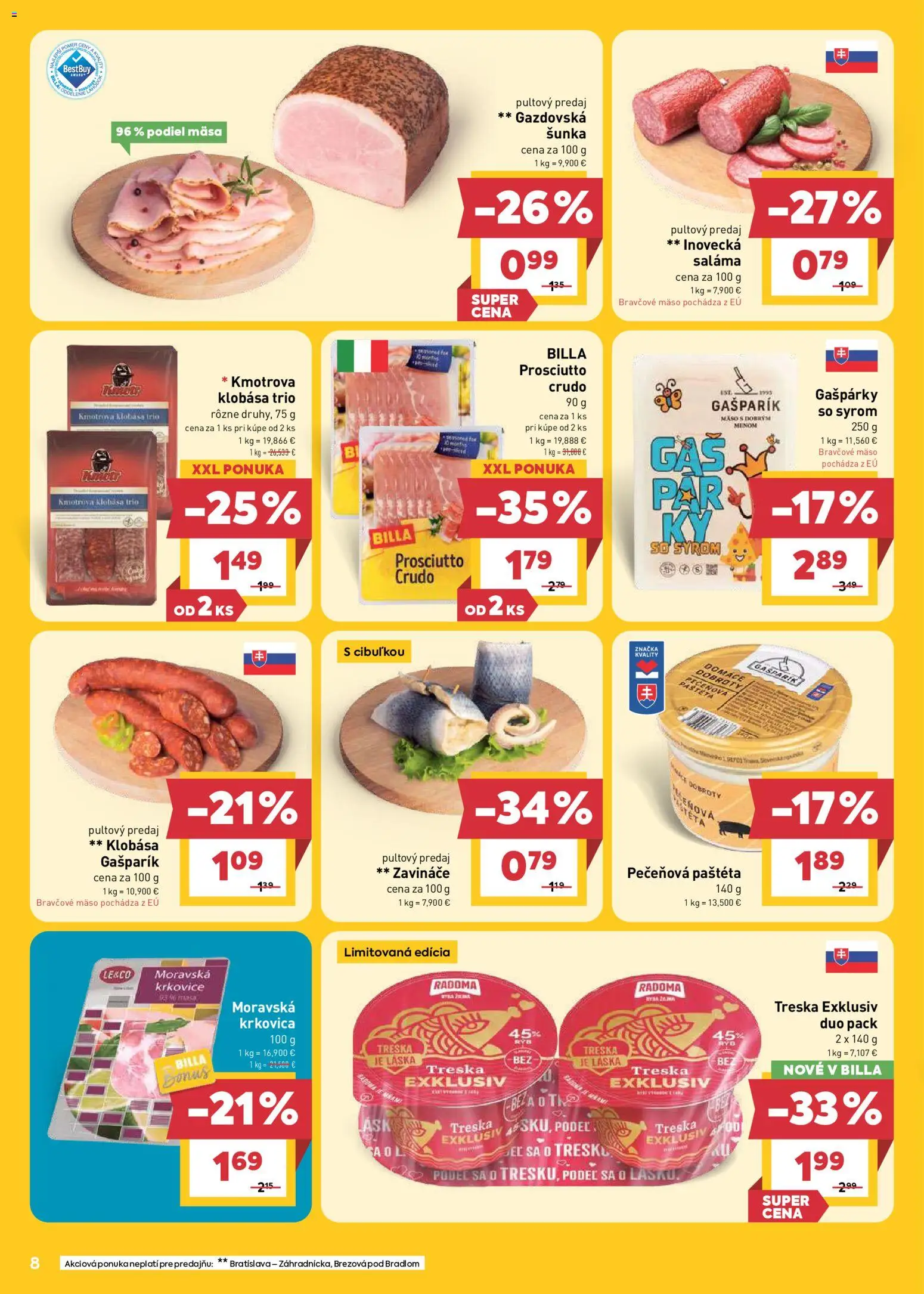 Nové Billa akcie – leták je platný od 13.05.2026 | Strana: 8 | Produkty: Saláma, Šunka, Klobása, Treska