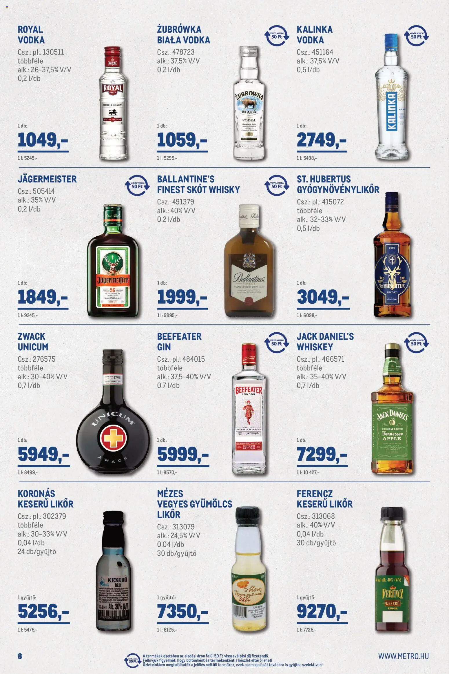 Metro akciós ujság - amely érvényes a következő dátumtól: 2026.09.01. | Oldal: 8 | Termékek: Whiskey, Gyógynövénylikőr, Gin, Vodka