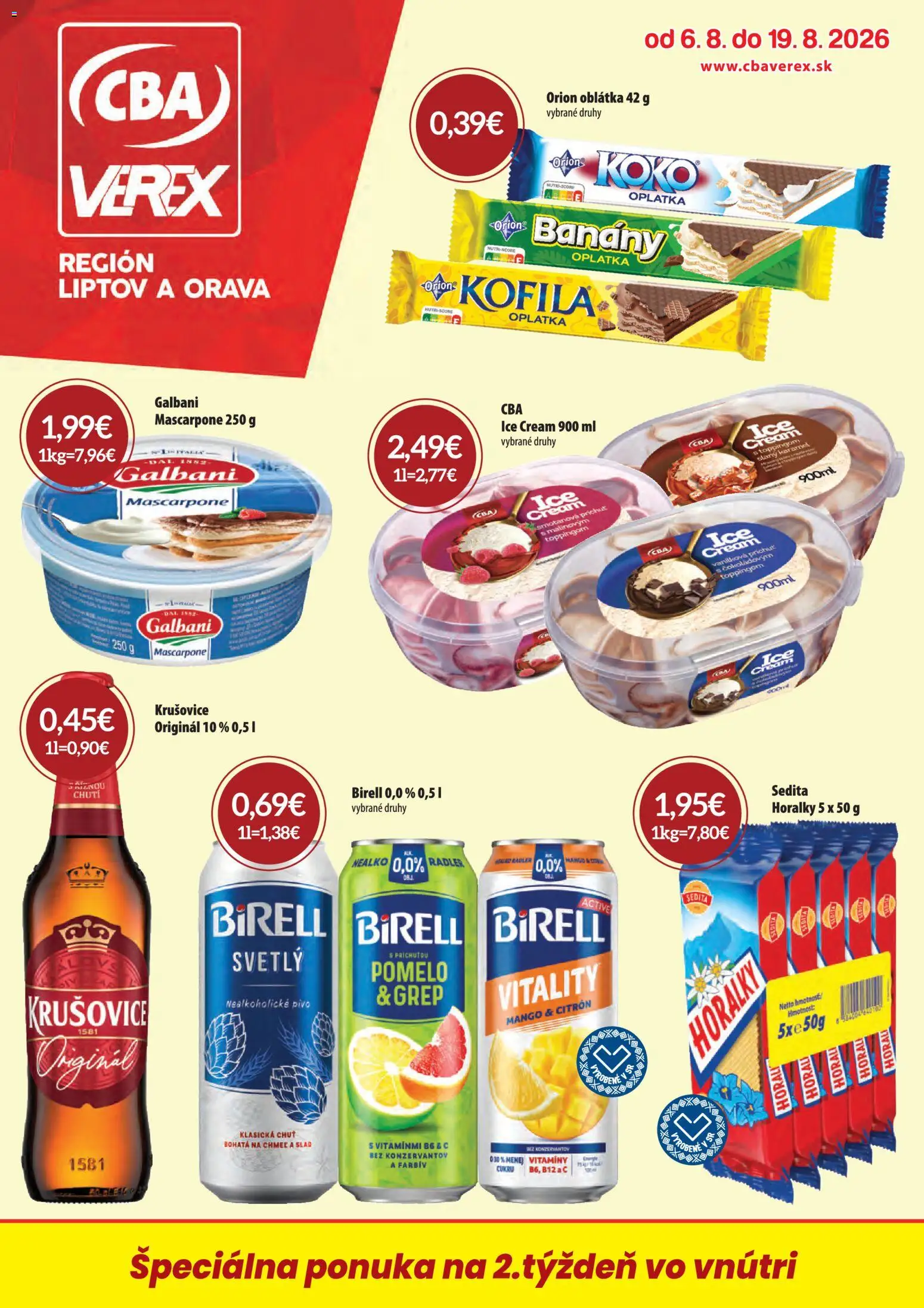 Nové CBA Verex akcie – leták je platný od 06.08.2026 | Strana: 1 | Produkty: Birell, Banány, Mascarpone, Horálky