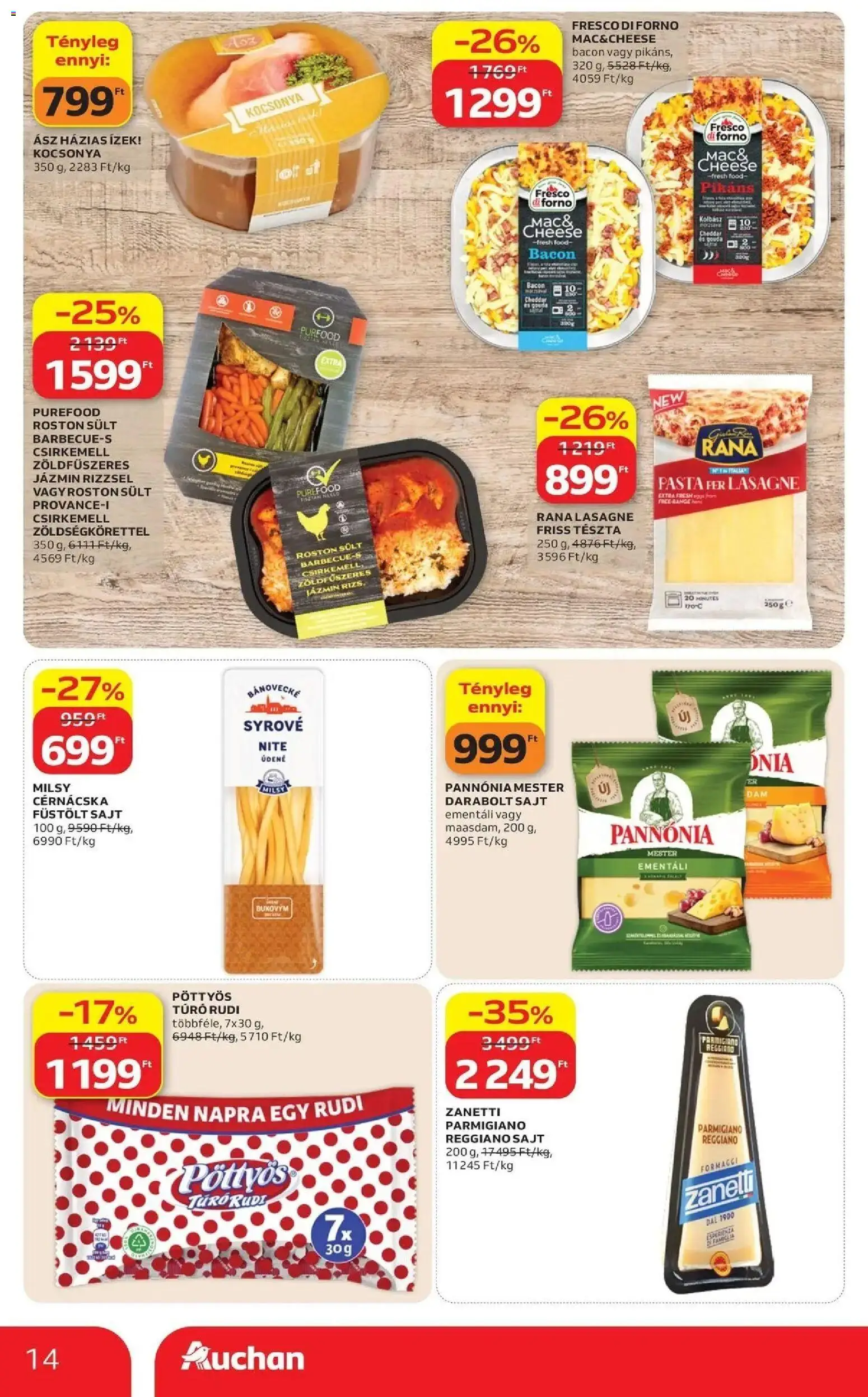 Auchan akciós újság Szolnok - 2026.09.17. -tól/töl > akció, lapozható szórólap 🛍️ | Oldal: 14 | Termékek: Pöttyös, Bacon, Sajt, Tészta