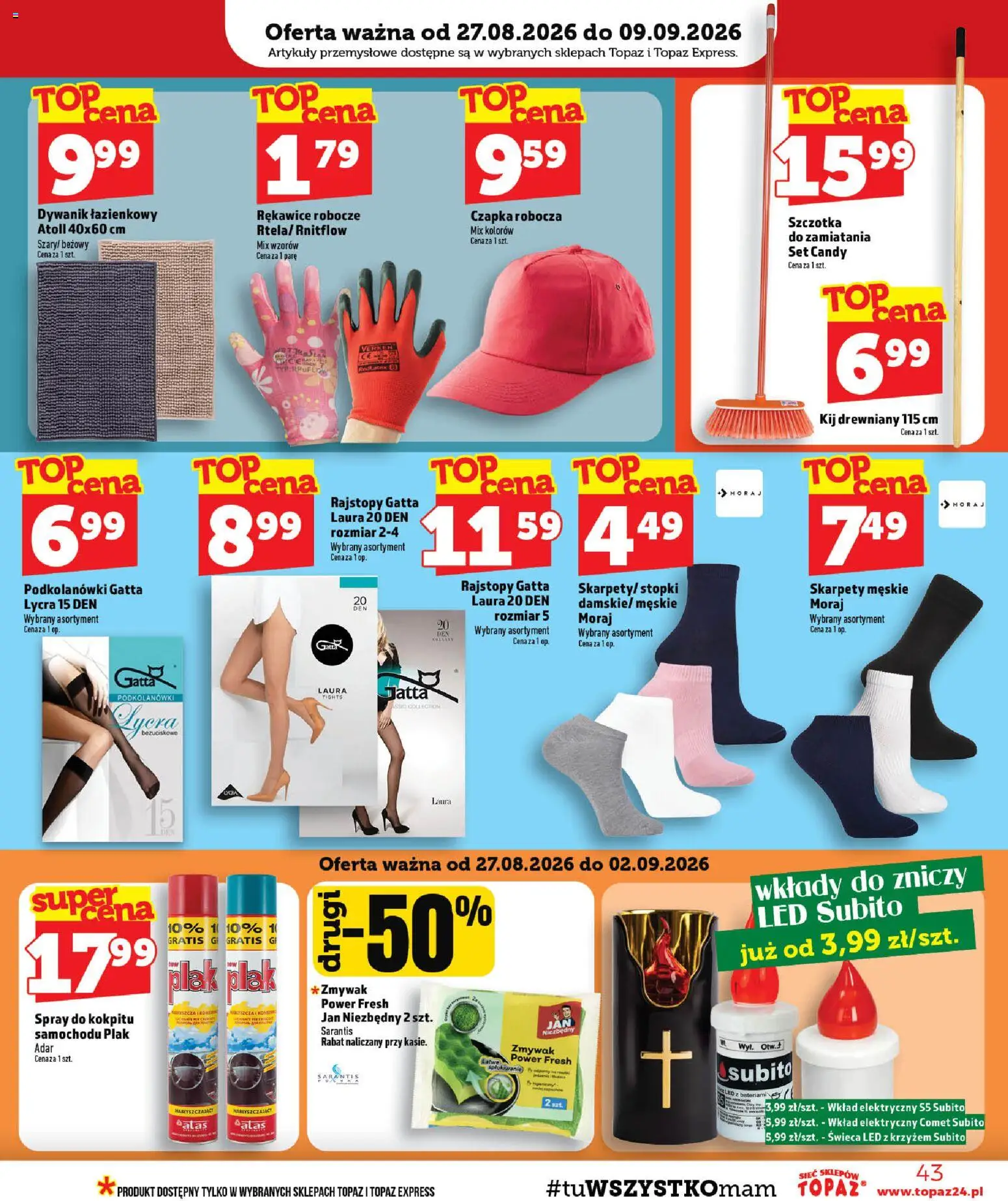Topaz gazetka - MAZ od 27.08.2026 | Strona: 43 | Produkty: Skarpety, Świeca, Gatta, Podkolanówki