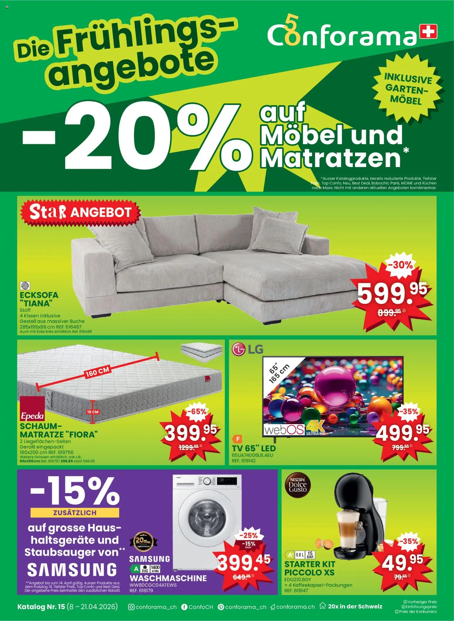 Conforama aktionen – gültig ab 08.04.2026 | Seite: 1 | Produkte: Matratze, Kissen, Ecksofa, Staubsauger
