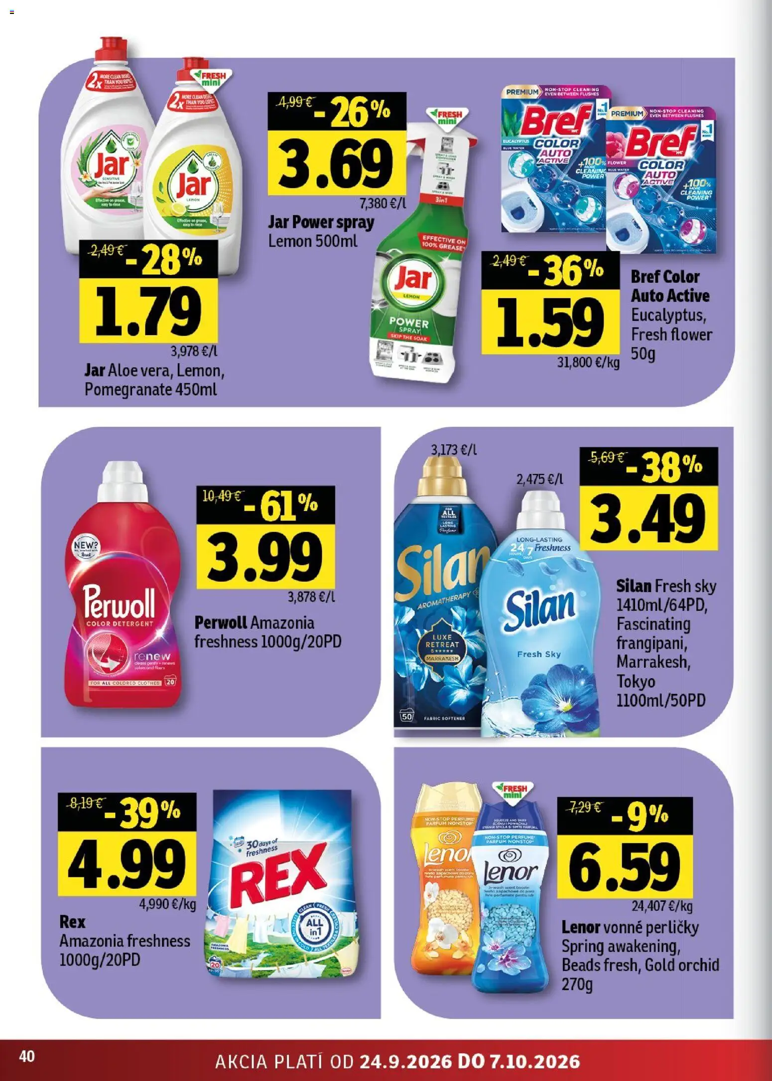 Nové Fresh akcie – leták je platný od 24.09.2026 | Strana: 40 | Produkty: Perwoll, Silan, Jar, Lenor