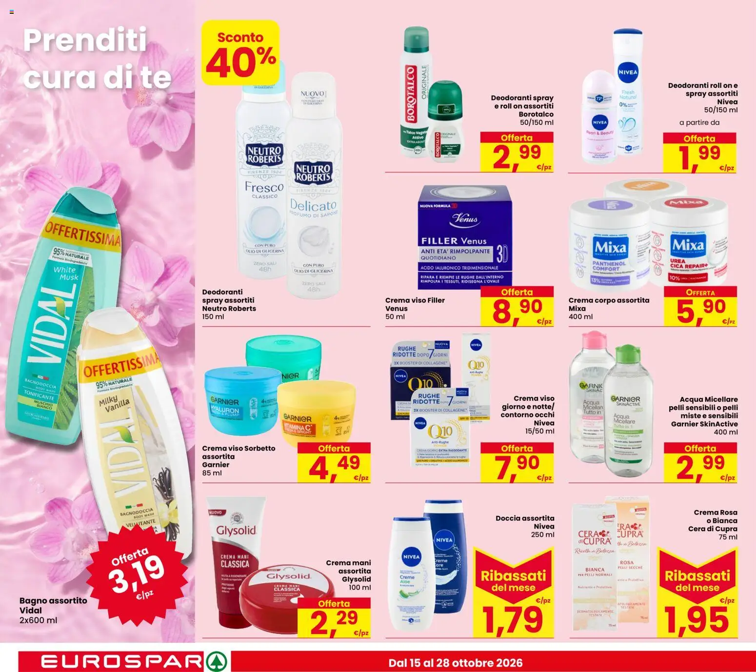 Volantino Eurospar del 15/10/2026 | Pagina: 20 | Prodotti: Acqua micellare, Talco, Olio, The