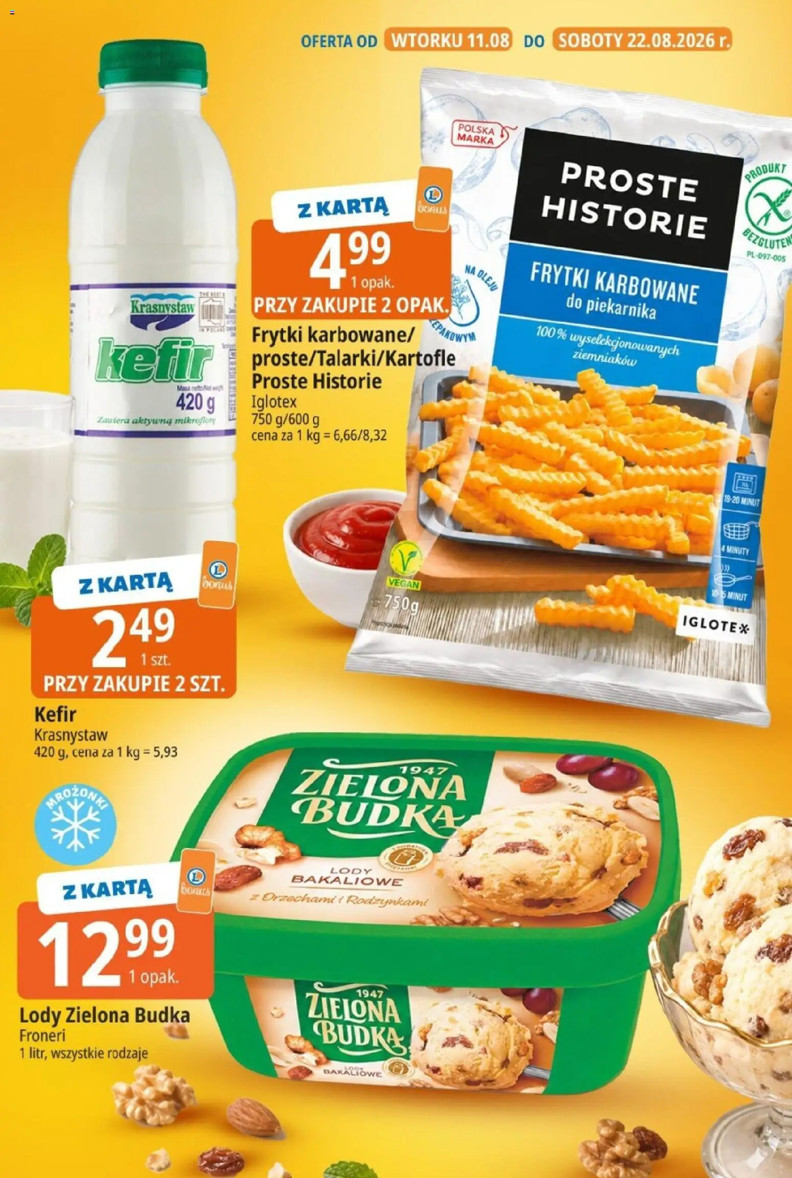 E.Leclerc gazetka - Hity cenowe od 11.08.2026 | Strona: 2 | Produkty: Karta, Kefir, Frytki, Lody