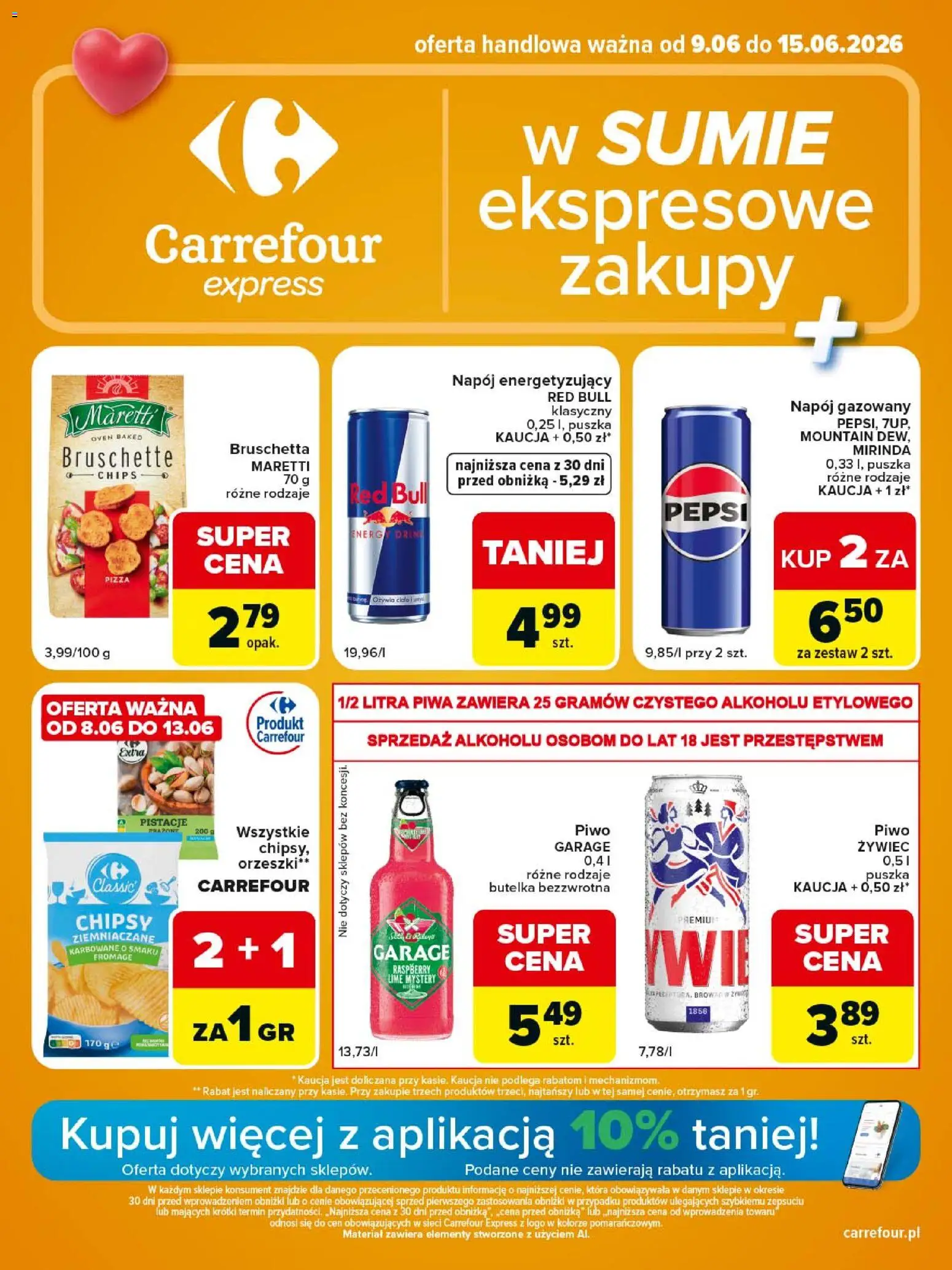 Carrefour gazetka - Express II od 09.06.2026 | Strona: 1 | Produkty: Chipsy, Red bull, Pepsi, Bruschetta