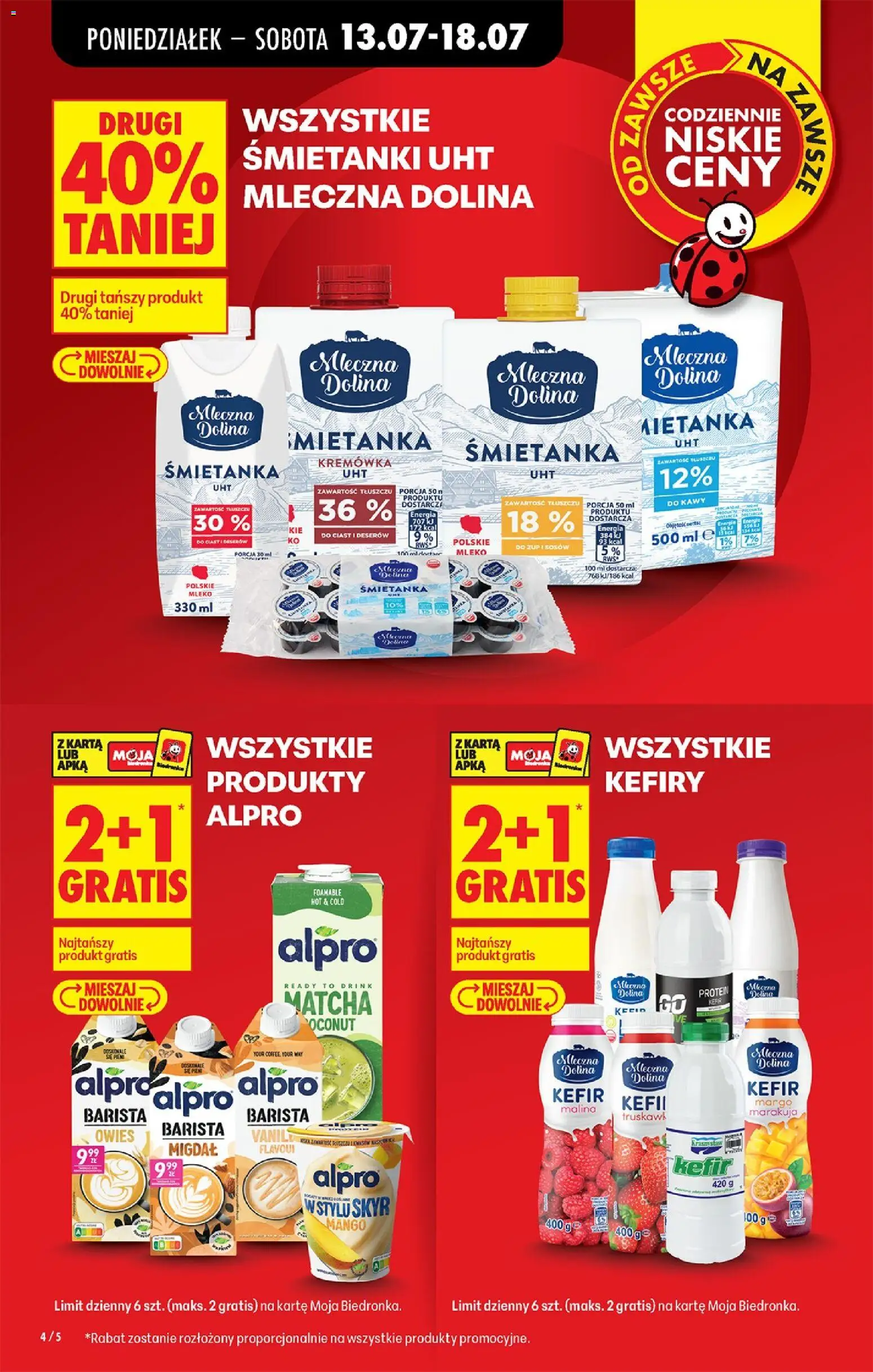 Biedronka gazetka od poniedziałku od 13.07.2026 | Strona: 4 | Produkty: Malina, Kefir, Alpro, Mleko