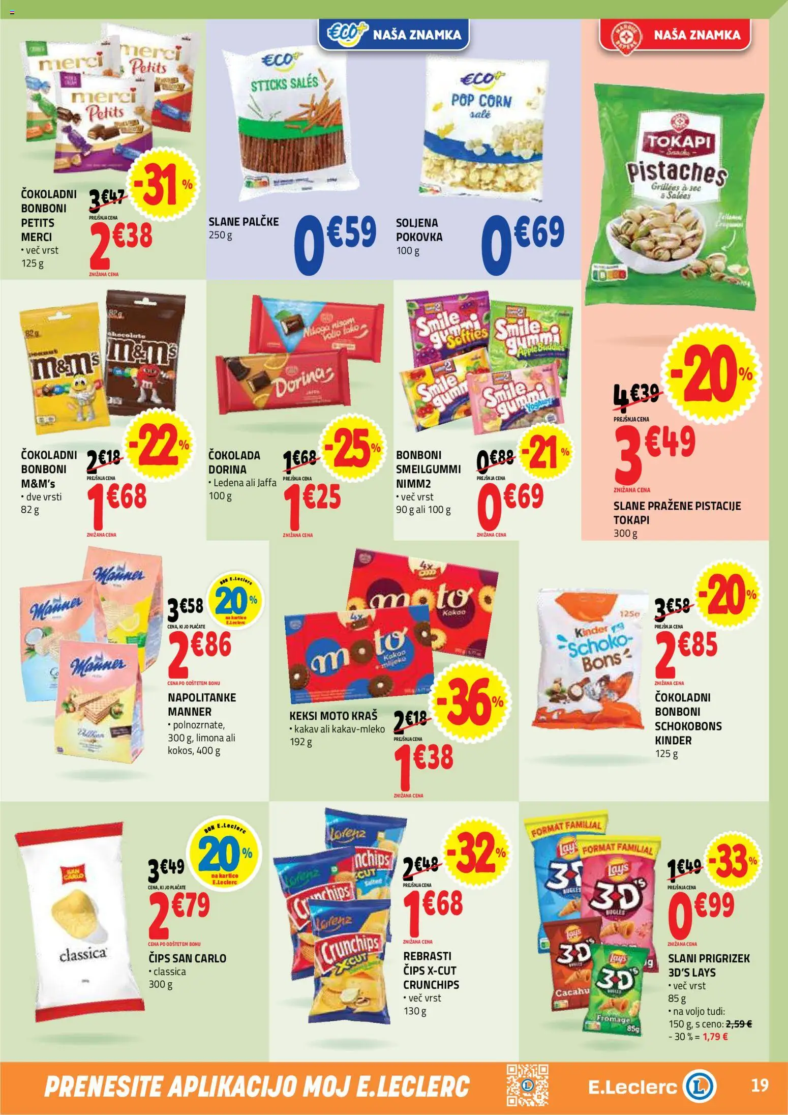 Novi E.leclerc katalog ponudbe – veljaven od 16.09.2026 | Stran: 19 | Izdelki: Bonboni, Pistacije, Kakav, Cips