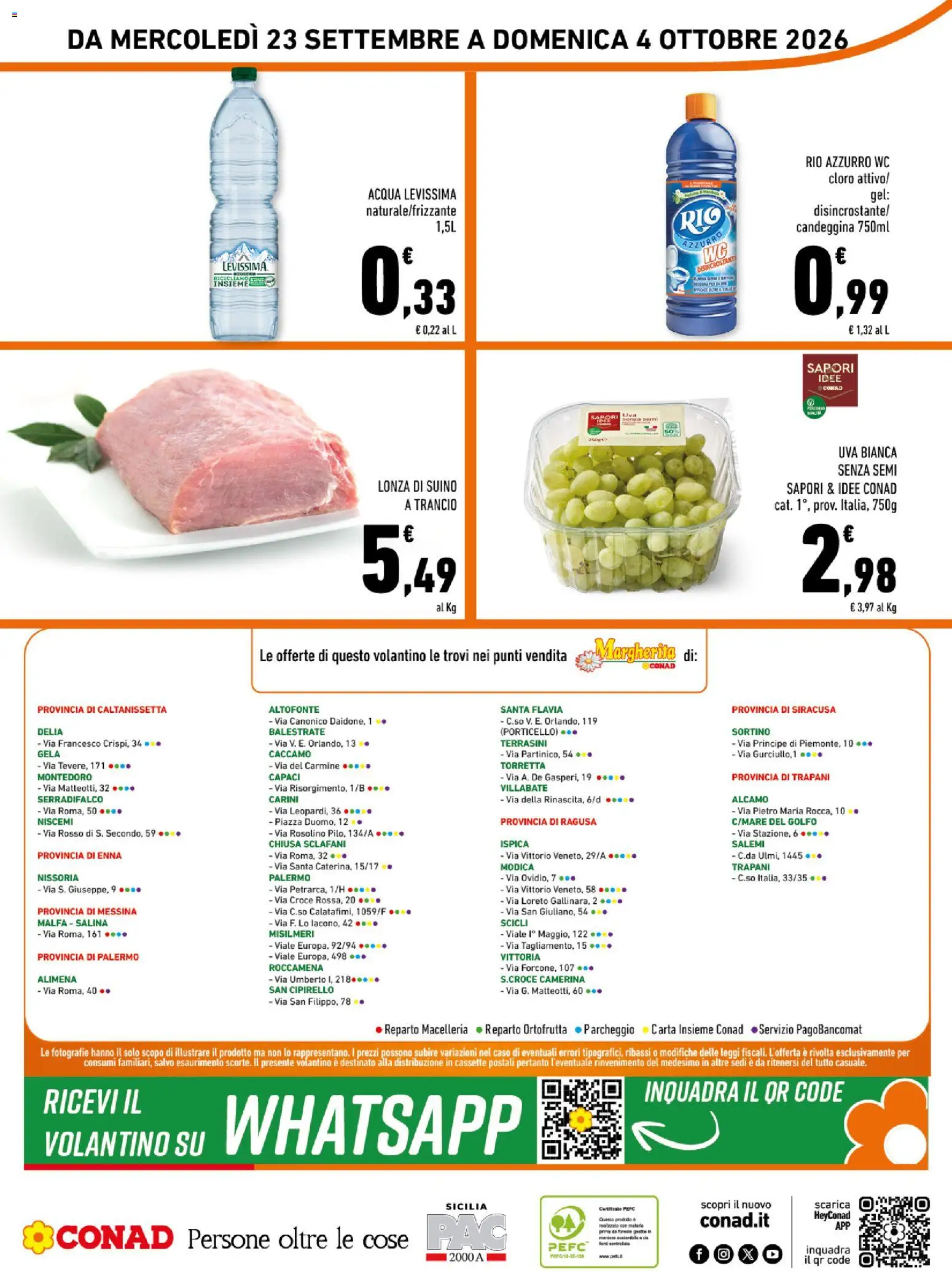 Volantino Conad del 23/09/2026 | Pagina: 16 | Prodotti: Candeggina, Acqua, Uva, WC