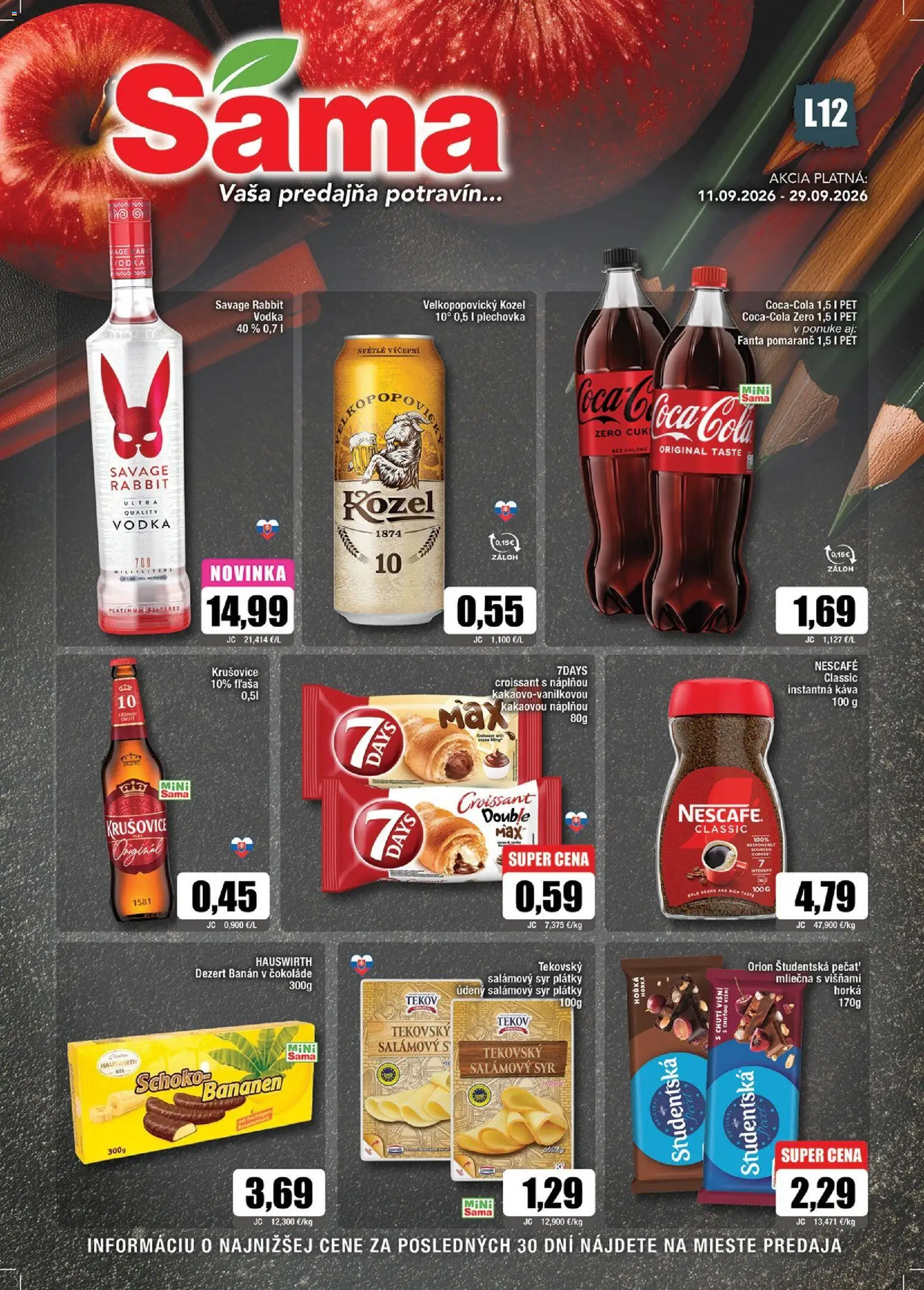 Nové Sama akcie – leták je platný od 11.09.2026 | Strana: 1 | Produkty: Káva, Vodka, Coca cola, Cola