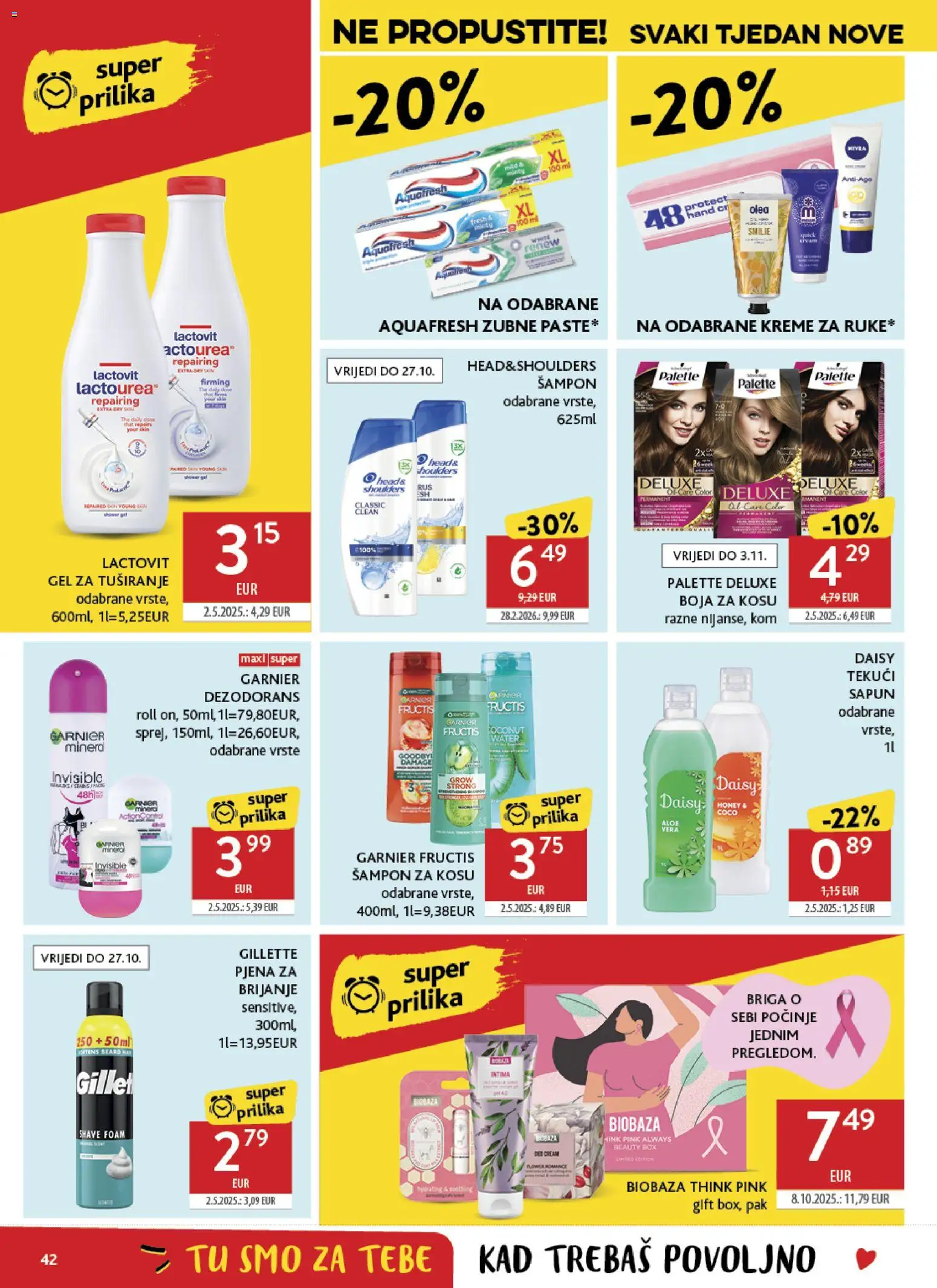 Konzum HR akciós ujság - amely érvényes a következő dátumtól: 2026.10.14. | Oldal: 42 | Termékek: Gillette, Lactovit, Aquafresh, Sampon