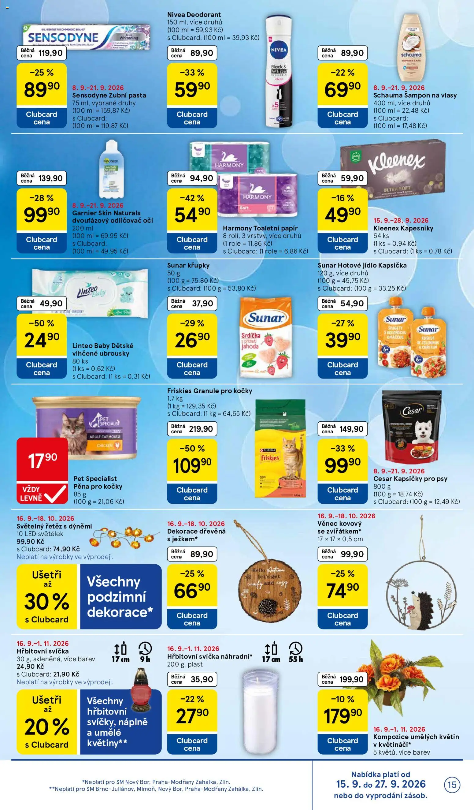 Tesco leták - Supermarket od 16.09.2026 | Strana: 15 | Produkty: Purina, Granule, Šampon, Kapesníky