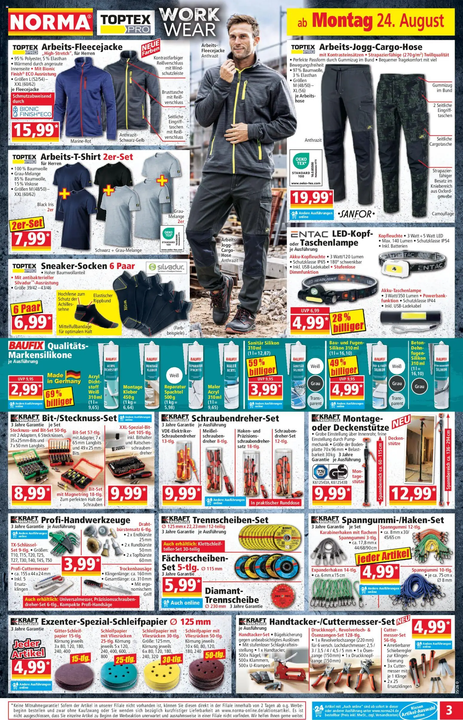Norma Prospekt – gültig ab 24.08.2026 | Seite: 3 | Produkte: Cutter, Batterien, Taschen, Hose