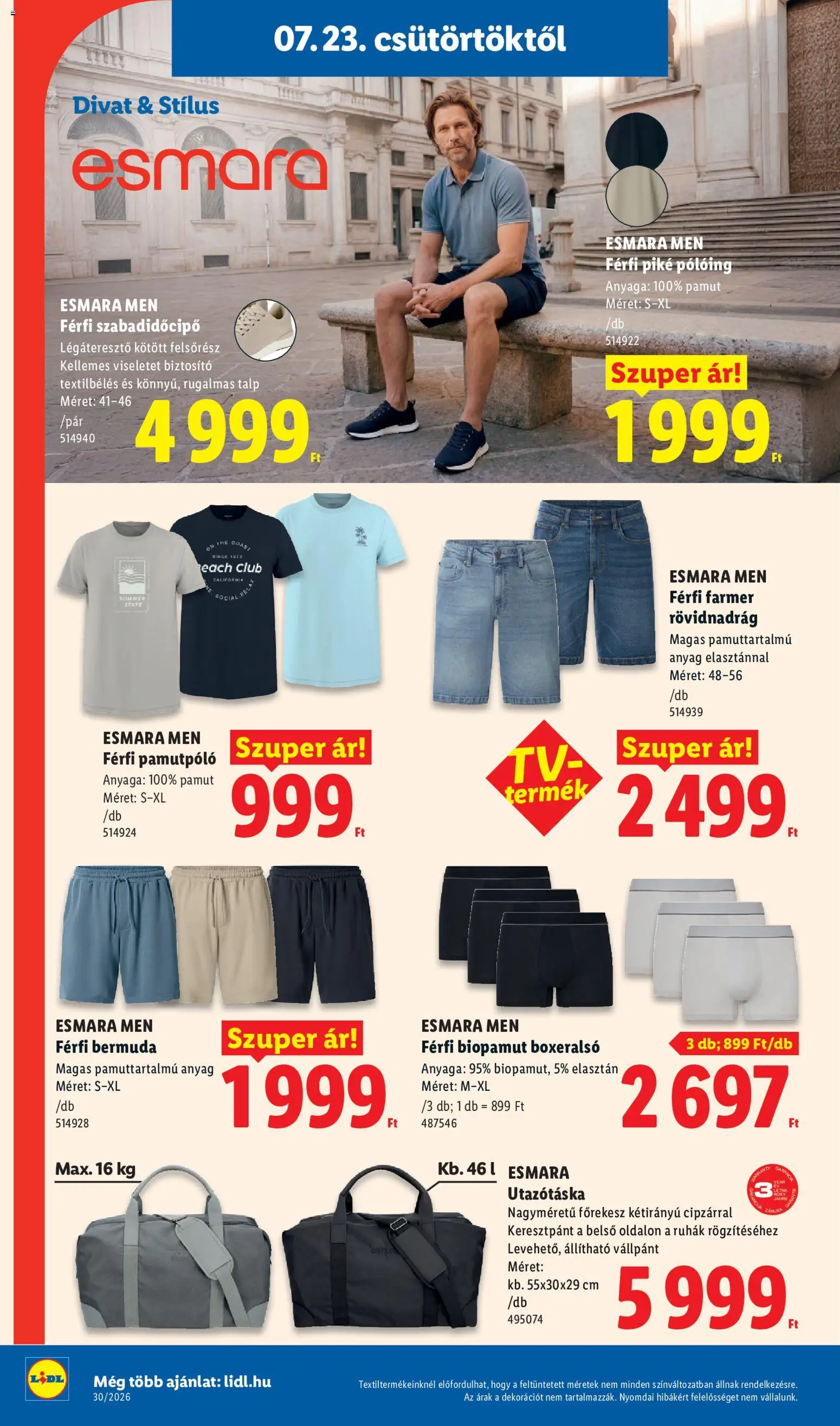 Lidl akciós ujság - amely érvényes a következő dátumtól: 2026.07.23. | Oldal: 30 | Termékek: Utazótáska, Farmer, Pólóing, Póló