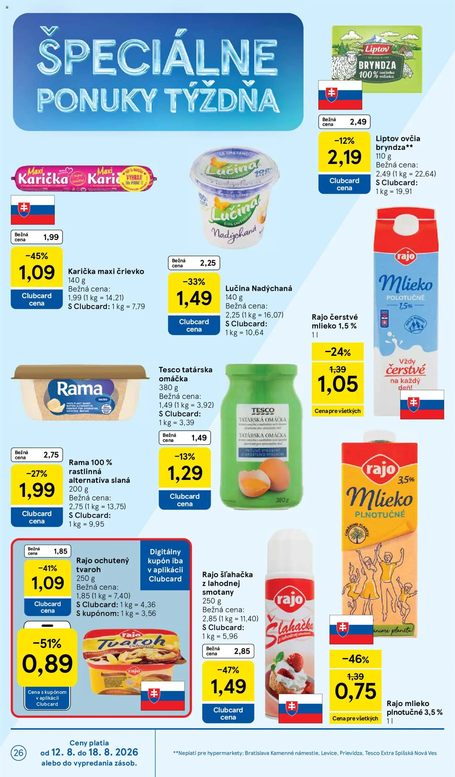 Nové Tesco akcie – leták je platný od 12.08.2026 | Strana: 26 | Produkty: Mlieko, Bryndza, Mlieko plnotučné, Omáčka