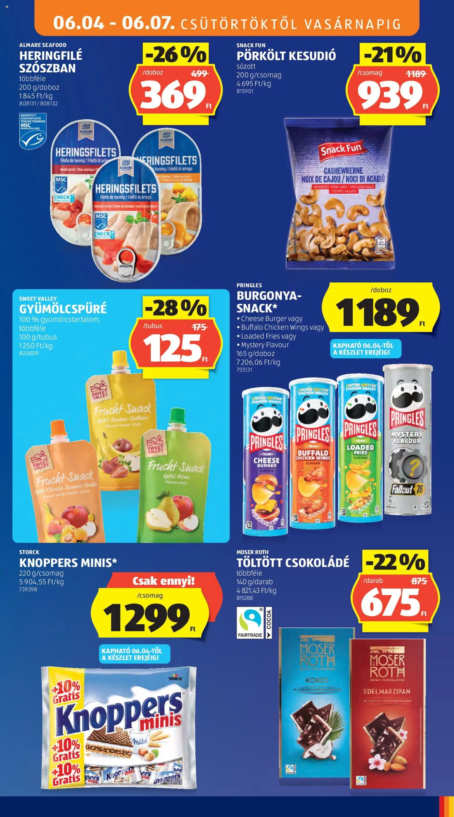 Aldi akciós ujság - amely érvényes a következő dátumtól: 04.06.2026 | Oldal: 13 | Termékek: Burgonya, Pringles, Kesudió, Csokoládé