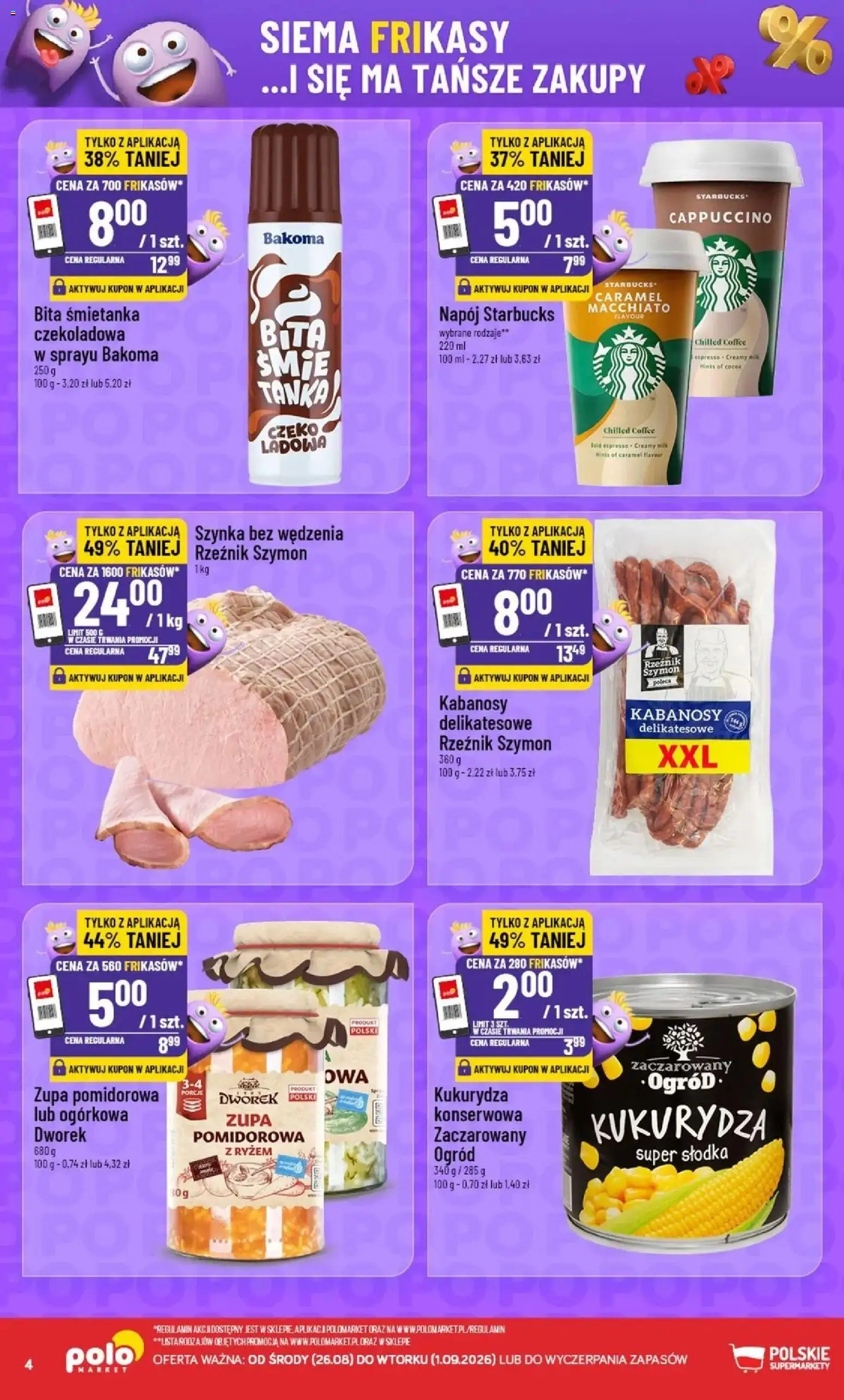 Nowa POLOmarket gazetka od jutra 26.08.2026 | Strona: 4 | Produkty: Bita śmietanka, Zupa pomidorowa, Kukurydza, Cappuccino