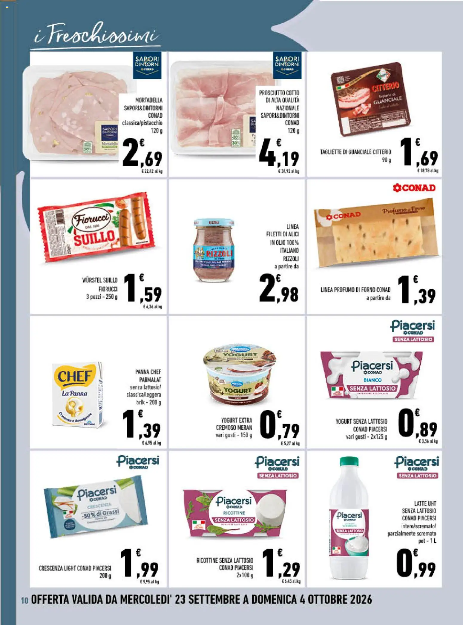 Volantino Conad del 23/09/2026 | Pagina: 10 | Prodotti: Panna, Wurstel, Profumo, Senza lattosio