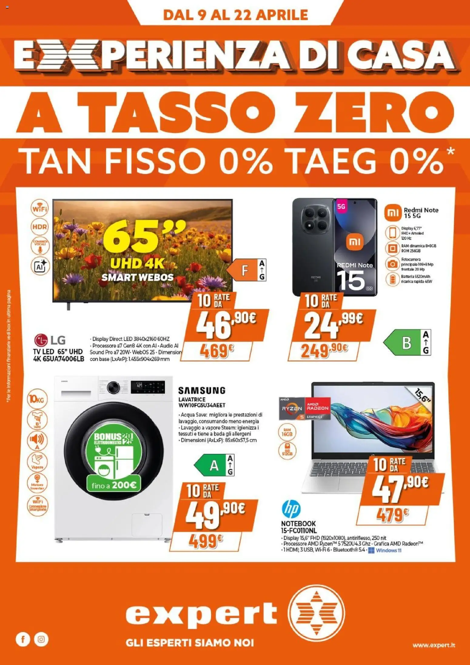 Volantino Expert del 09.04.2026 | Pagina: 1 | Prodotti: Acqua, Lavatrice, Smartphone, TV