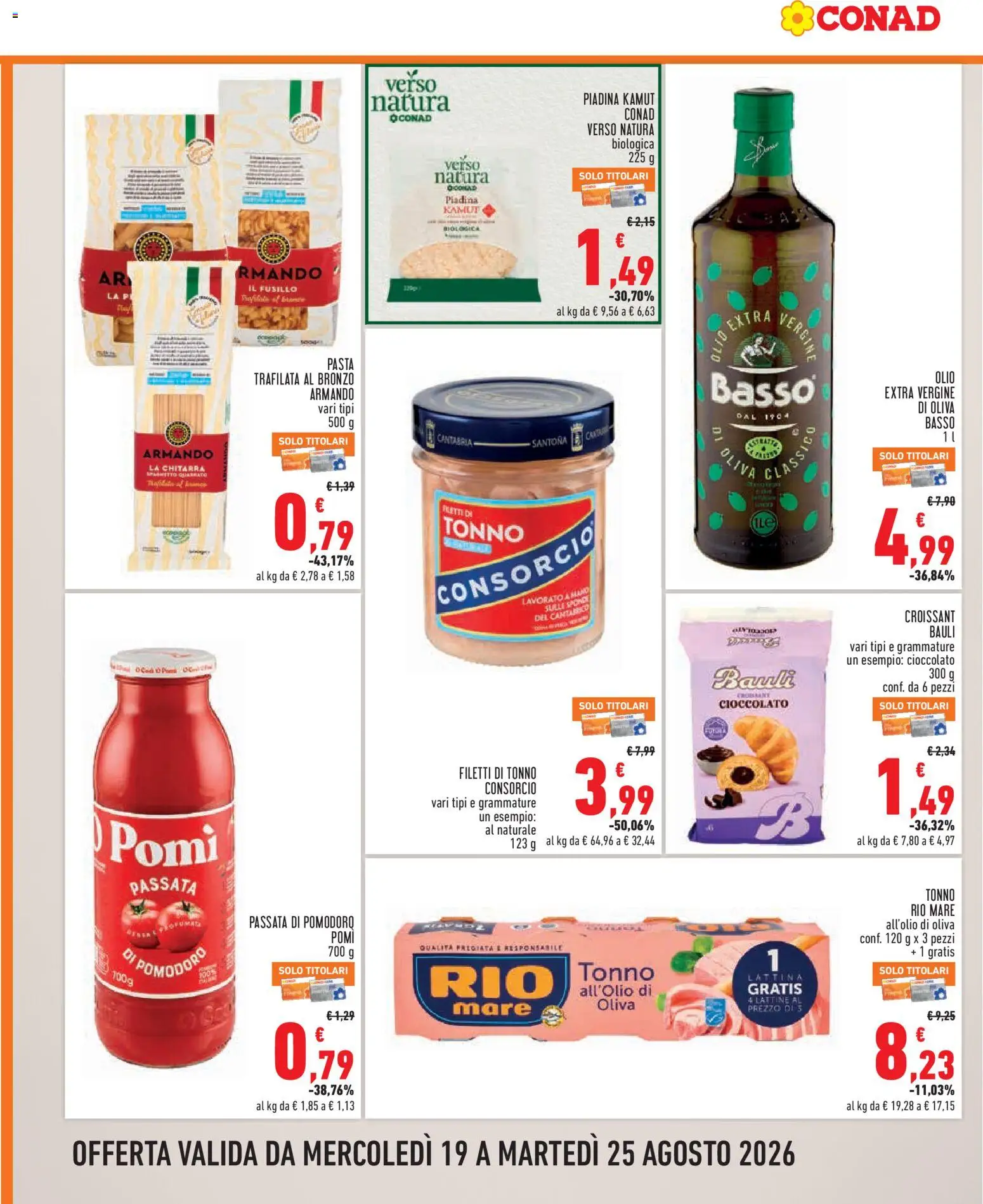 Volantino Conad del 19/08/2026 | Pagina: 6 | Prodotti: Olio, Pasta, Passata di pomodoro, Croissant